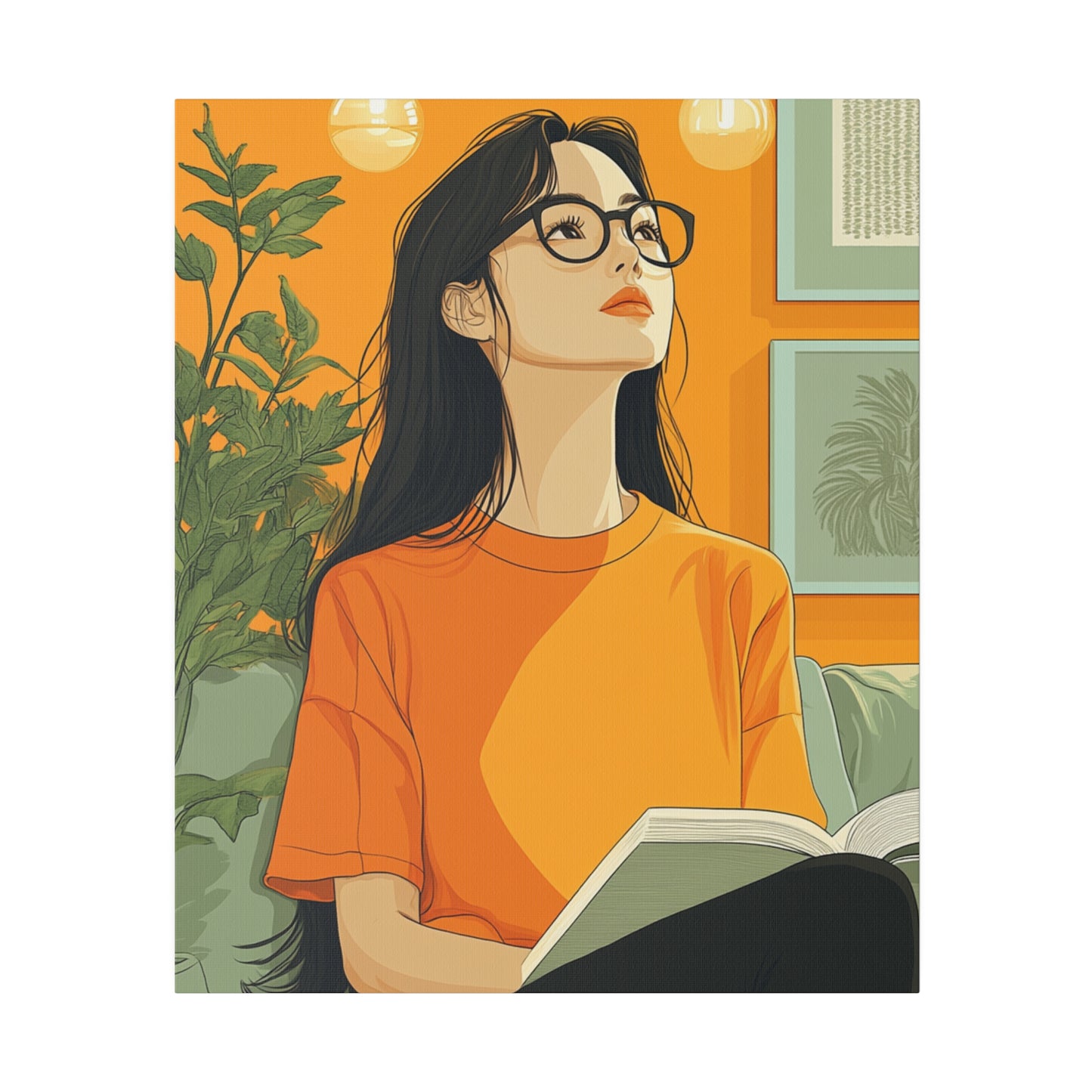 Contemplative Reader: Modern Minimalist Art of a Girl with a Book in Cozy Orange Ambiance Cozy Home Decor Wall Art