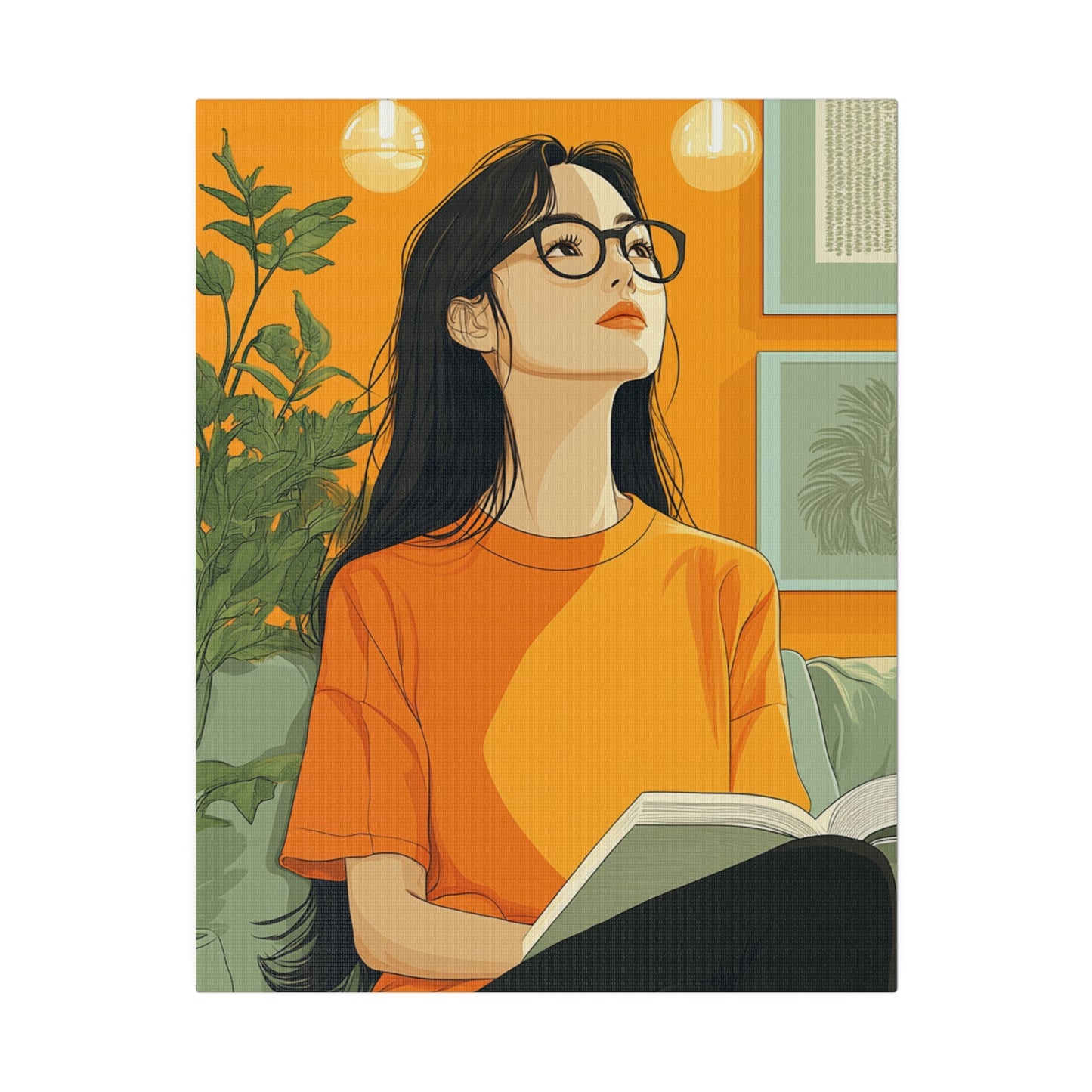 Contemplative Reader: Modern Minimalist Art of a Girl with a Book in Cozy Orange Ambiance Cozy Home Decor Wall Art