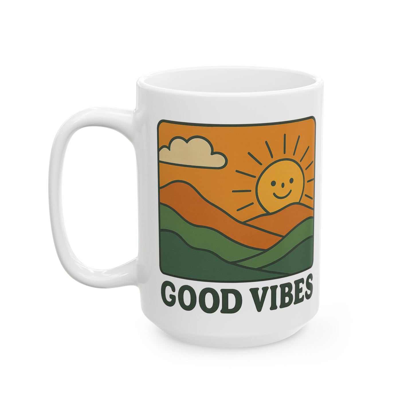 Good Vibes Coffee Mug – 11oz & 15oz Ceramic Cup with Retro Sunshine Design for Positive Morning Energy