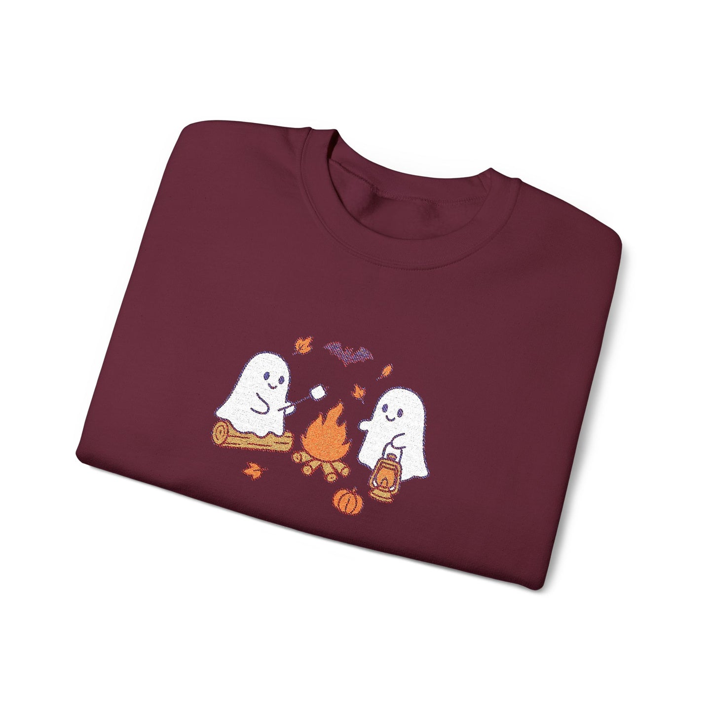 Cute Ghosts Campfire Embroidered Sweatshirt | Cozy Fall Halloween Crewneck | Spooky Season Autumn Pullover for Women & Men