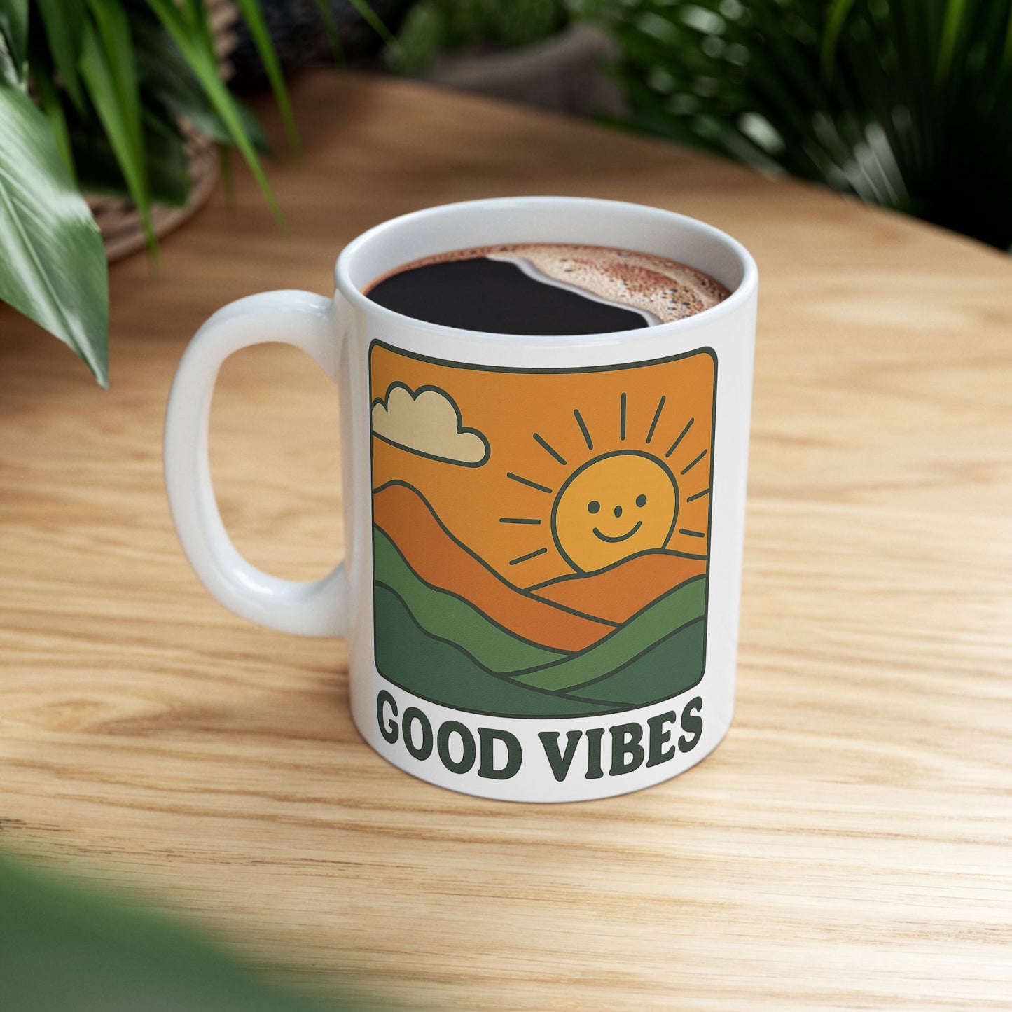 Good Vibes Coffee Mug – 11oz & 15oz Ceramic Cup with Retro Sunshine Design for Positive Morning Energy