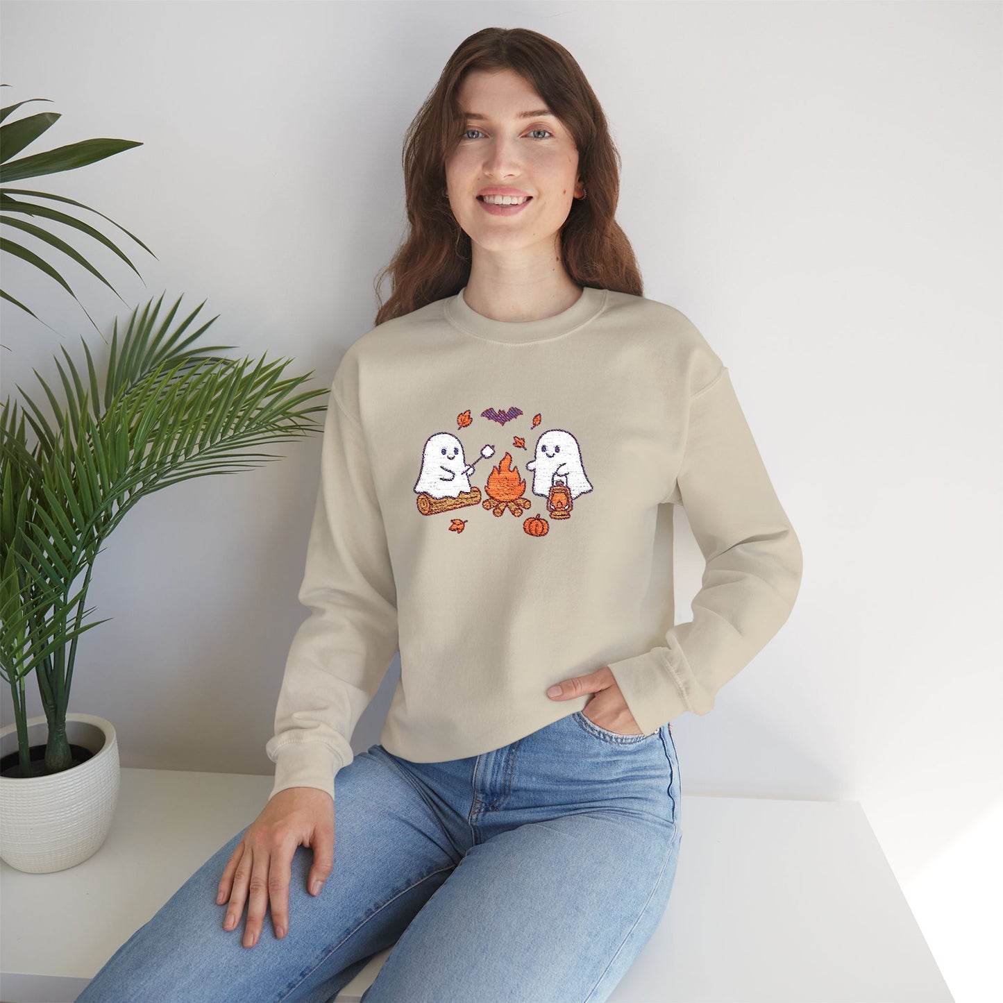 Cute Ghosts Campfire Embroidered Sweatshirt | Cozy Fall Halloween Crewneck | Spooky Season Autumn Pullover for Women & Men