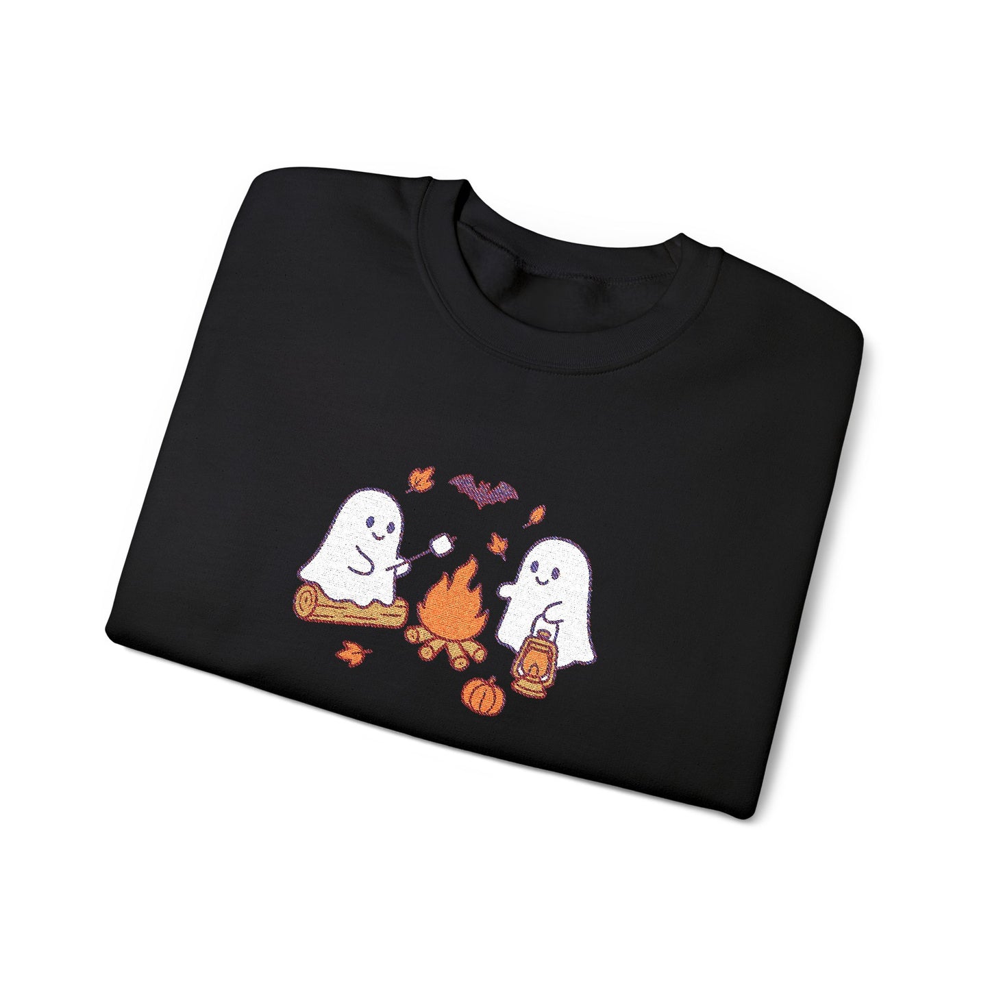 Cute Ghosts Campfire Embroidered Sweatshirt | Cozy Fall Halloween Crewneck | Spooky Season Autumn Pullover for Women & Men