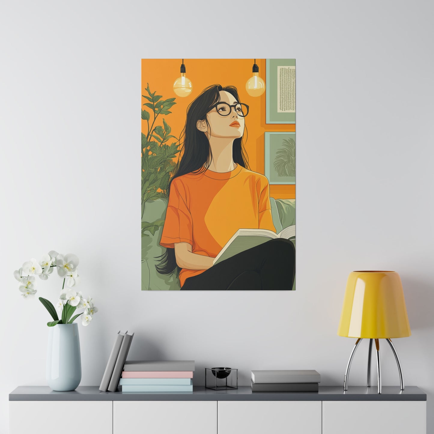 Contemplative Reader: Modern Minimalist Art of a Girl with a Book in Cozy Orange Ambiance Cozy Home Decor Wall Art