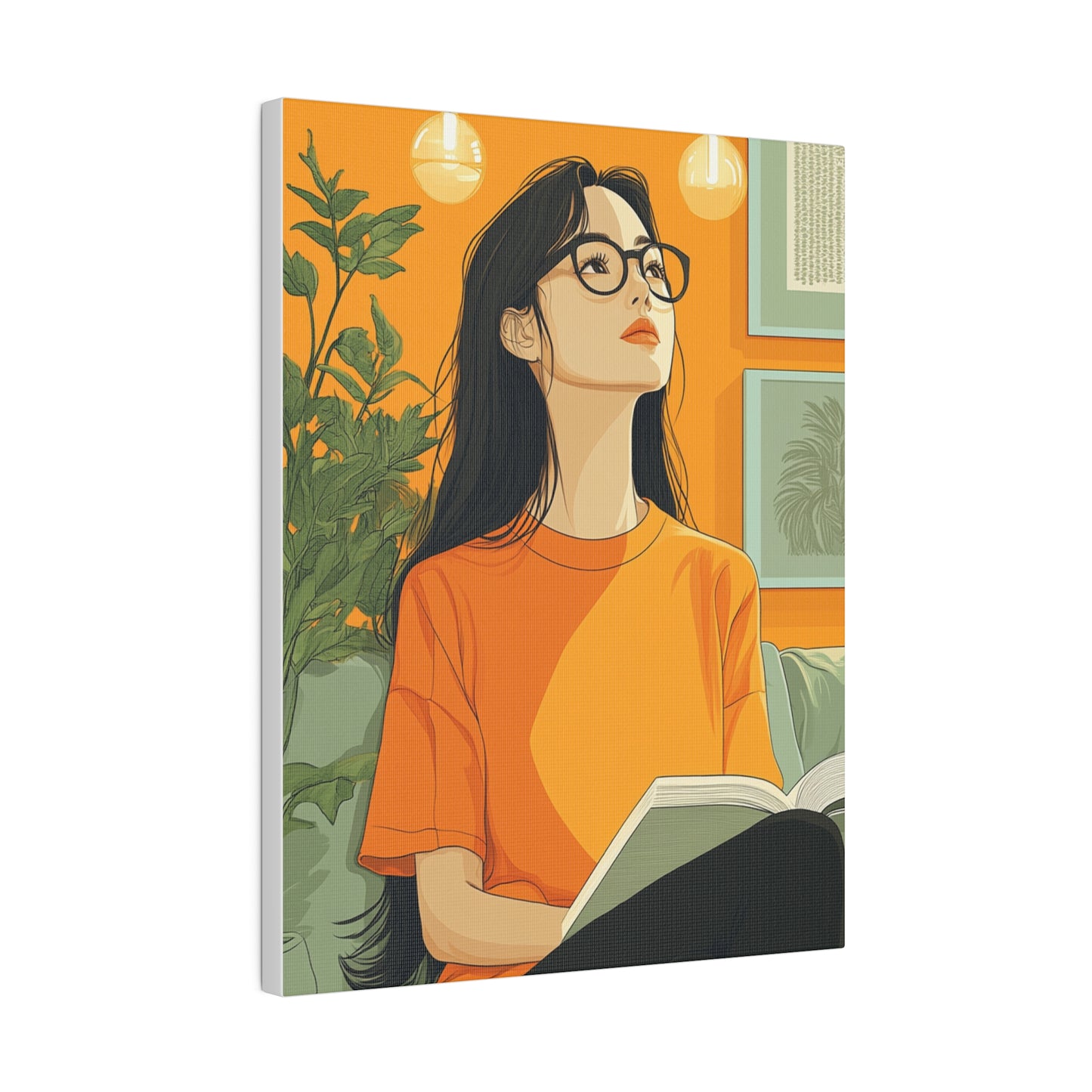 Contemplative Reader: Modern Minimalist Art of a Girl with a Book in Cozy Orange Ambiance Cozy Home Decor Wall Art