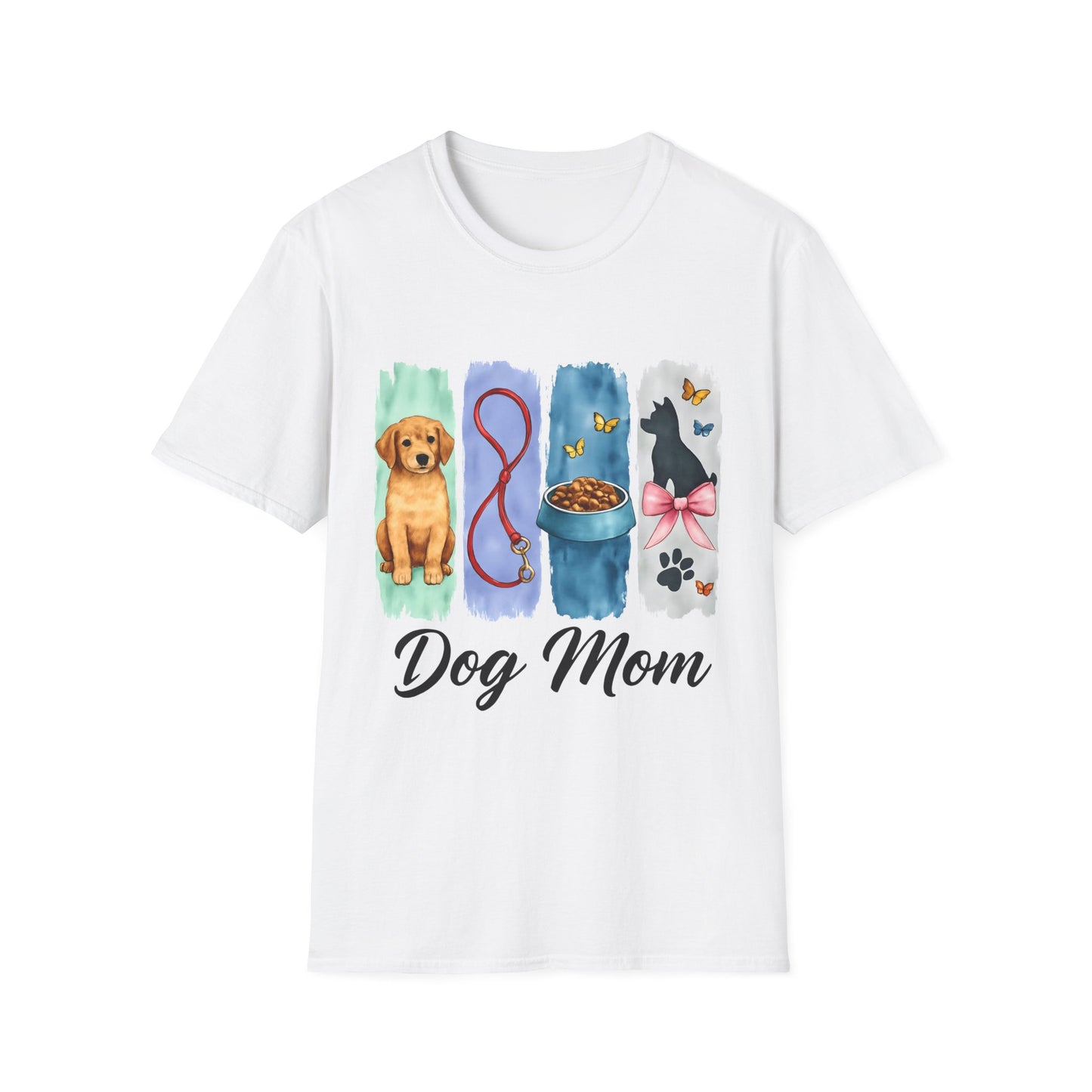 "Dog Mom T-Shirt β Cute Puppy Pet Lover Tee with Leash, Bowl & Bow Silhouette | Gift for Dog Lovers & Fur Moms"