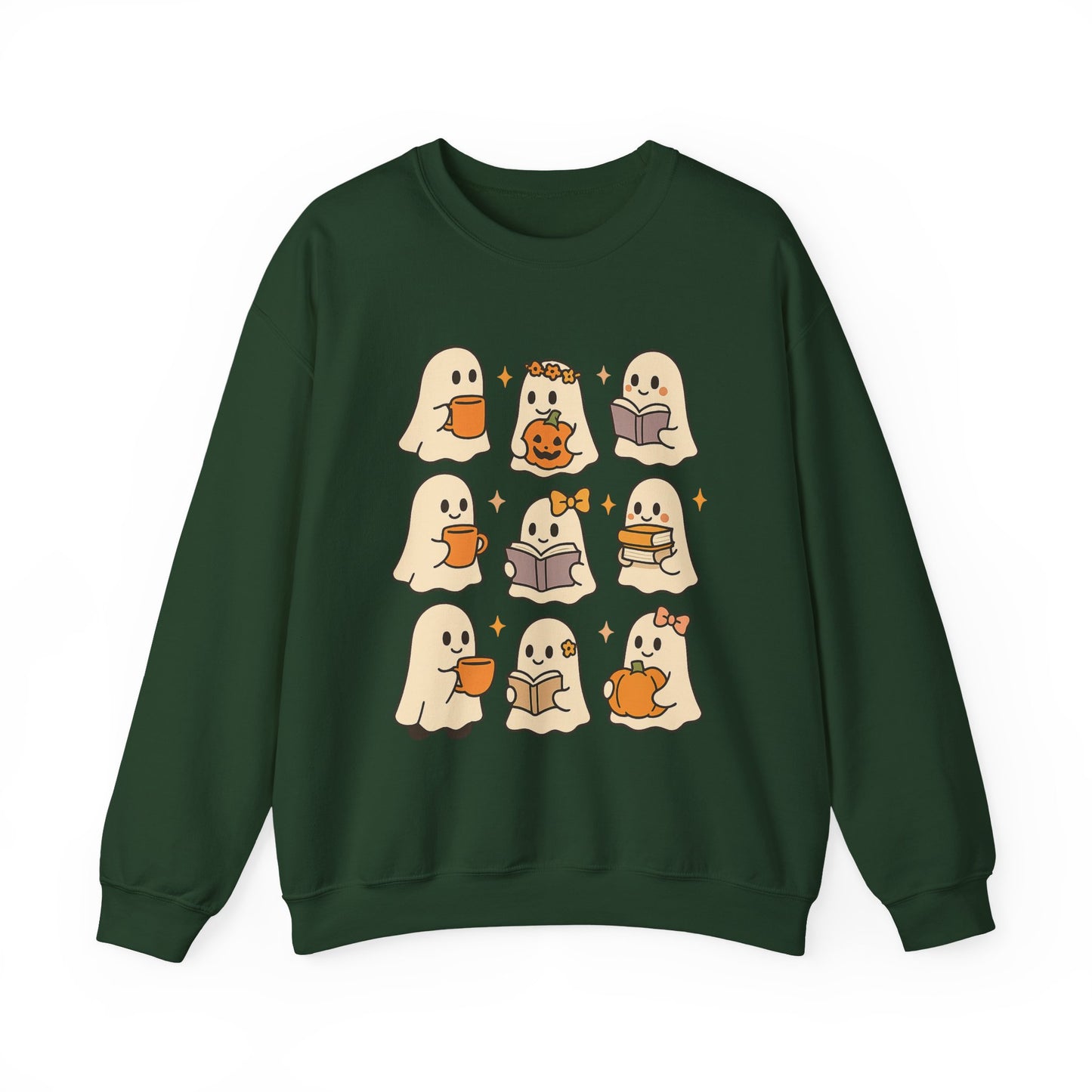Cute Ghost Unisex Sweatshirt – Cozy Fall & Halloween Crewneck for Book Lovers, Coffee Drinkers & Pumpkin Season