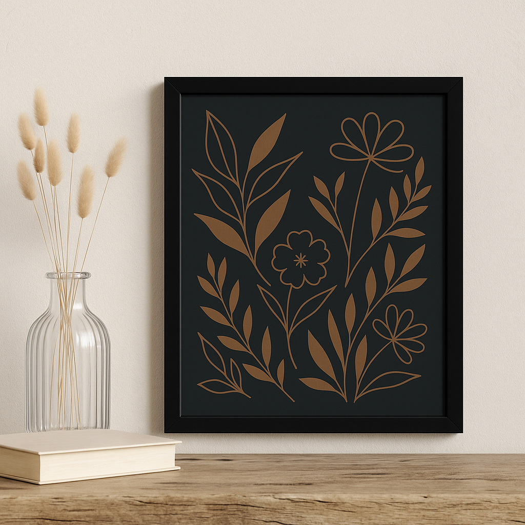 Midnight Garden Botanical Wall Art – Minimalist Floral Line Art Canvas Print, Modern Nature-Inspired Home Décor