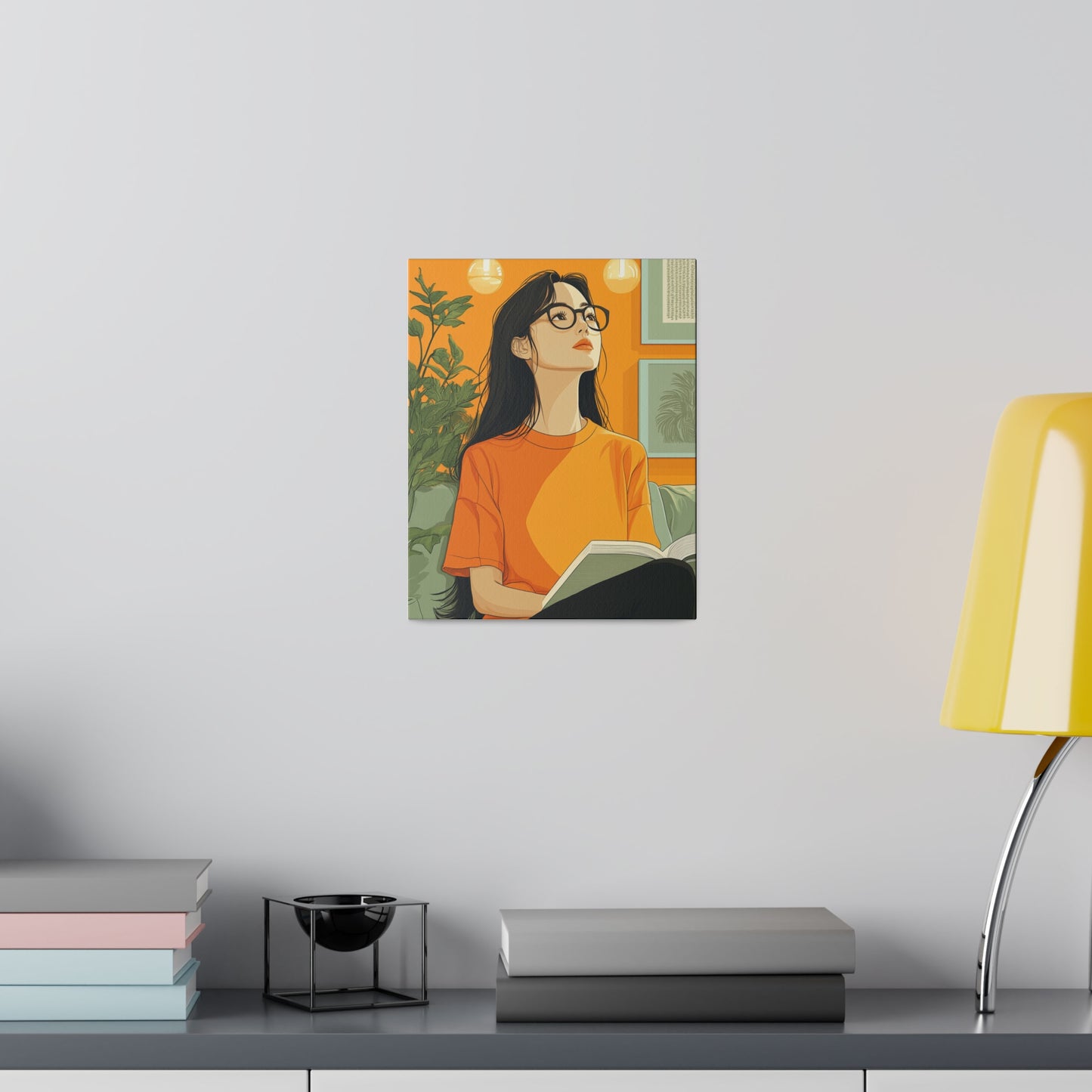 Contemplative Reader: Modern Minimalist Art of a Girl with a Book in Cozy Orange Ambiance Cozy Home Decor Wall Art