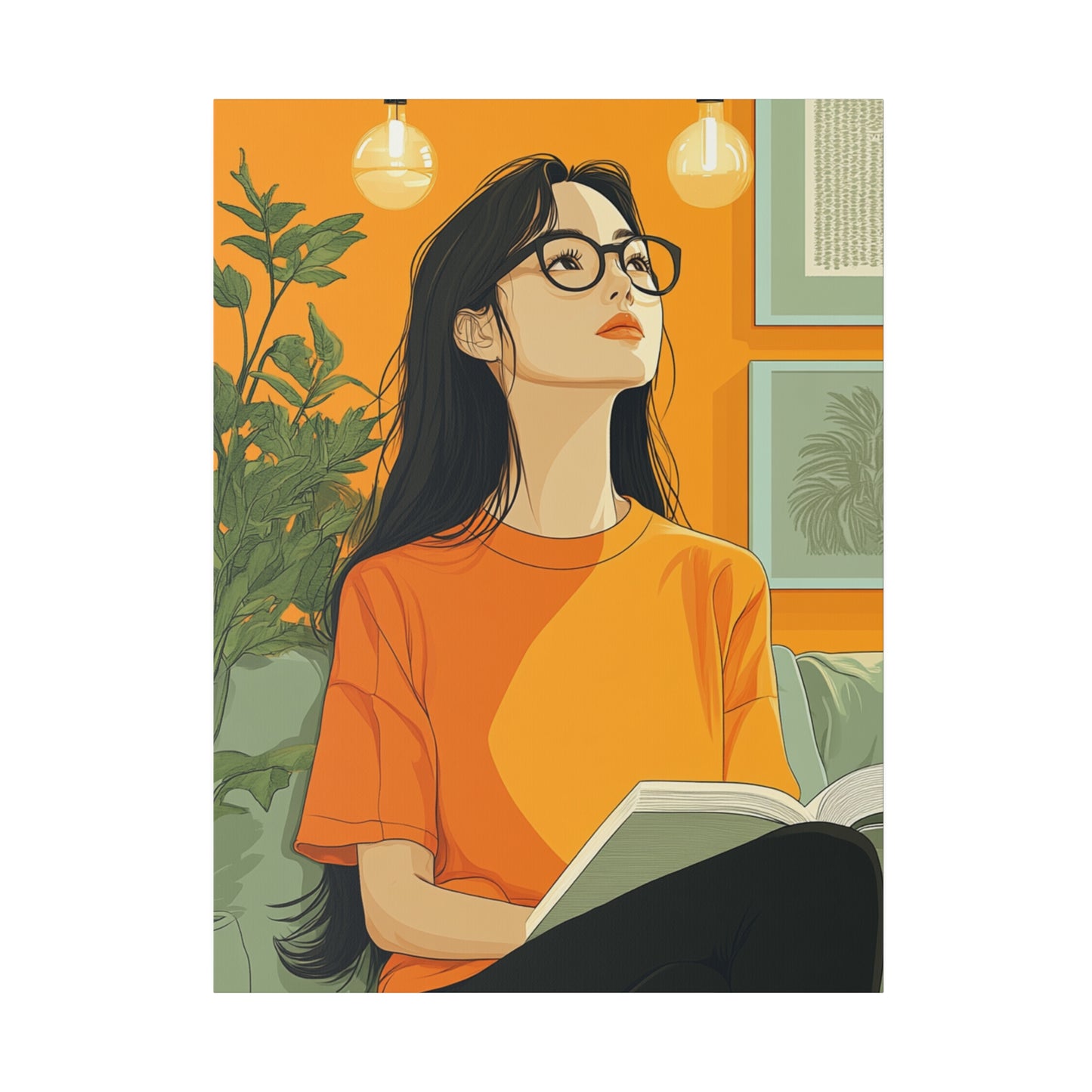 Contemplative Reader: Modern Minimalist Art of a Girl with a Book in Cozy Orange Ambiance Cozy Home Decor Wall Art