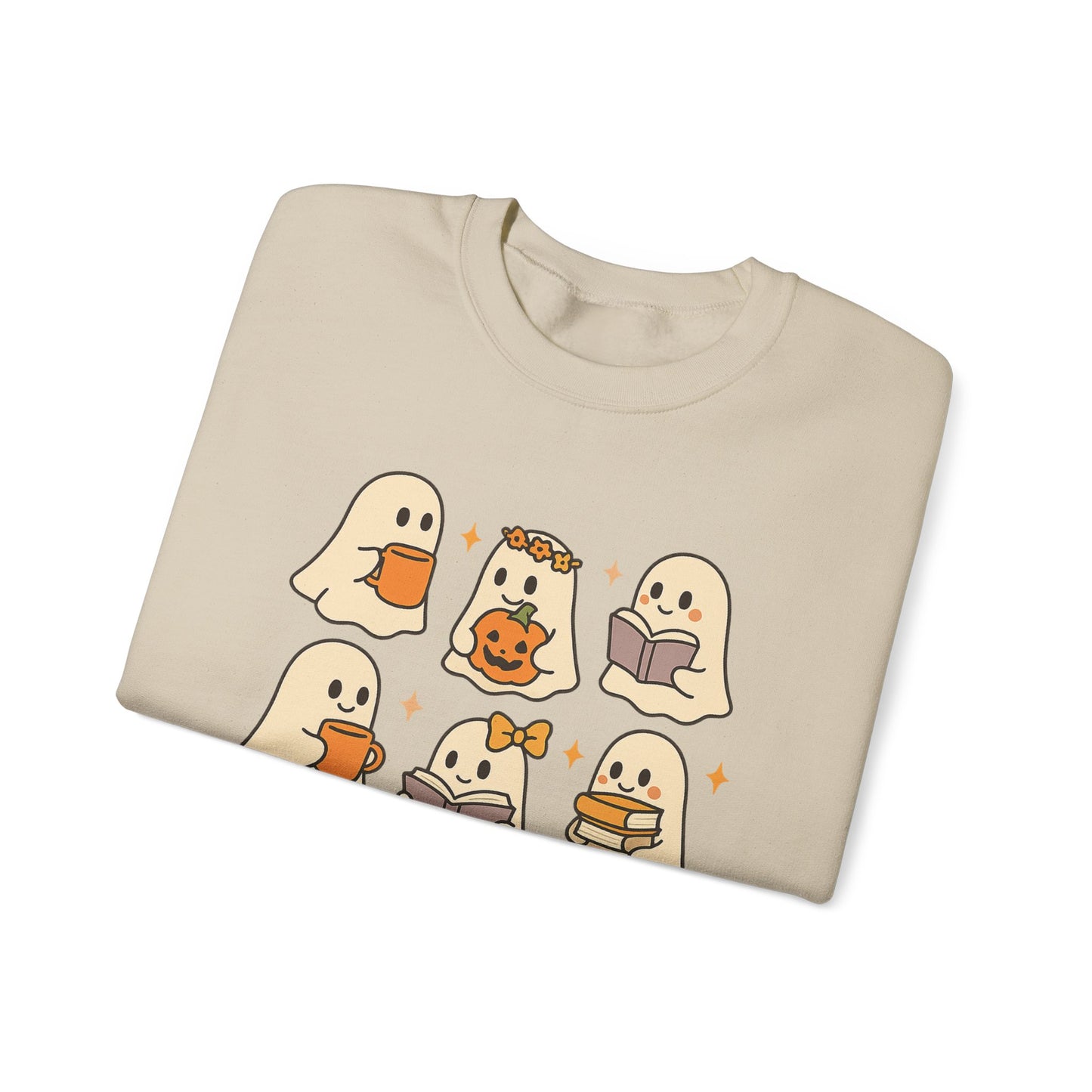 Cute Ghost Unisex Sweatshirt – Cozy Fall & Halloween Crewneck for Book Lovers, Coffee Drinkers & Pumpkin Season