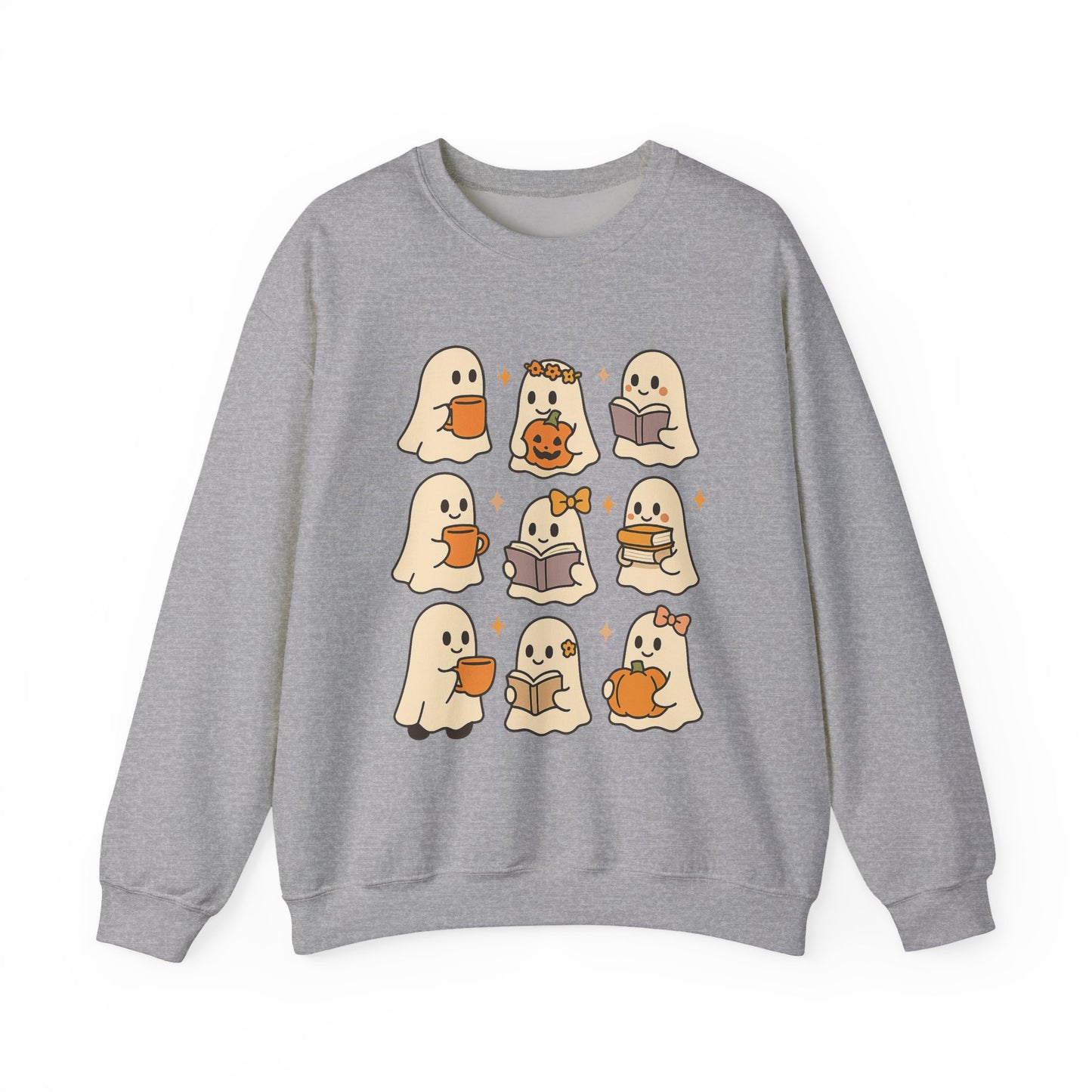 Cute Ghost Unisex Sweatshirt – Cozy Fall & Halloween Crewneck for Book Lovers, Coffee Drinkers & Pumpkin Season