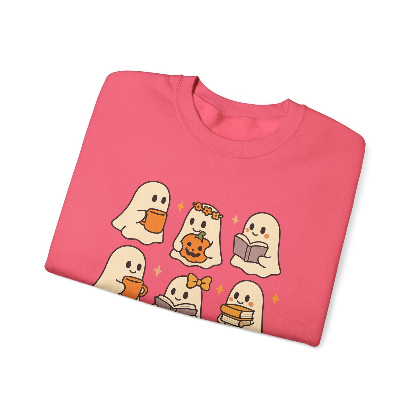 Cute Ghost Unisex Sweatshirt – Cozy Fall & Halloween Crewneck for Book Lovers, Coffee Drinkers & Pumpkin Season