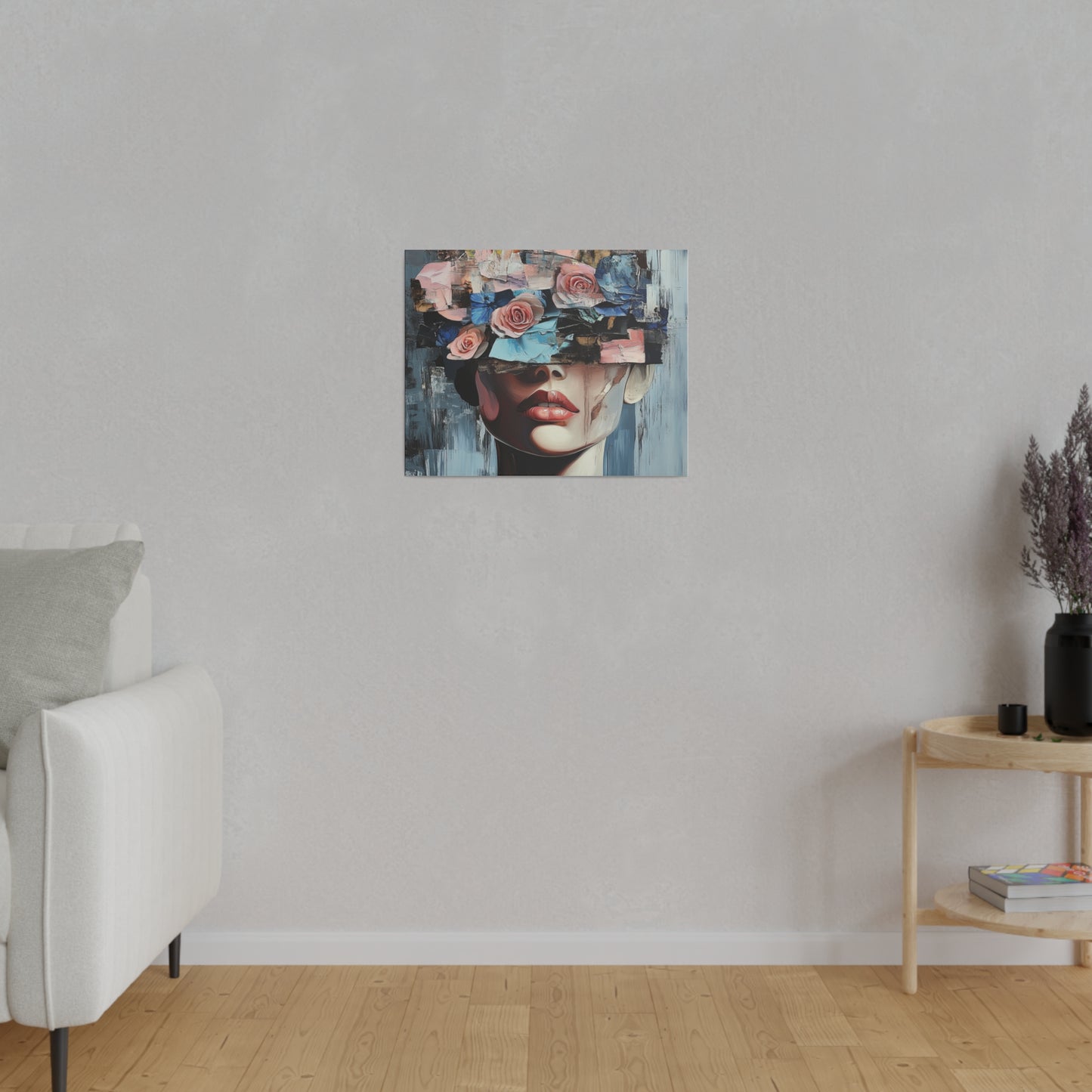 Abstract Floral Beauty: Modern Woman with Rose-Covered Eyes - Bold Wall Art Canvas