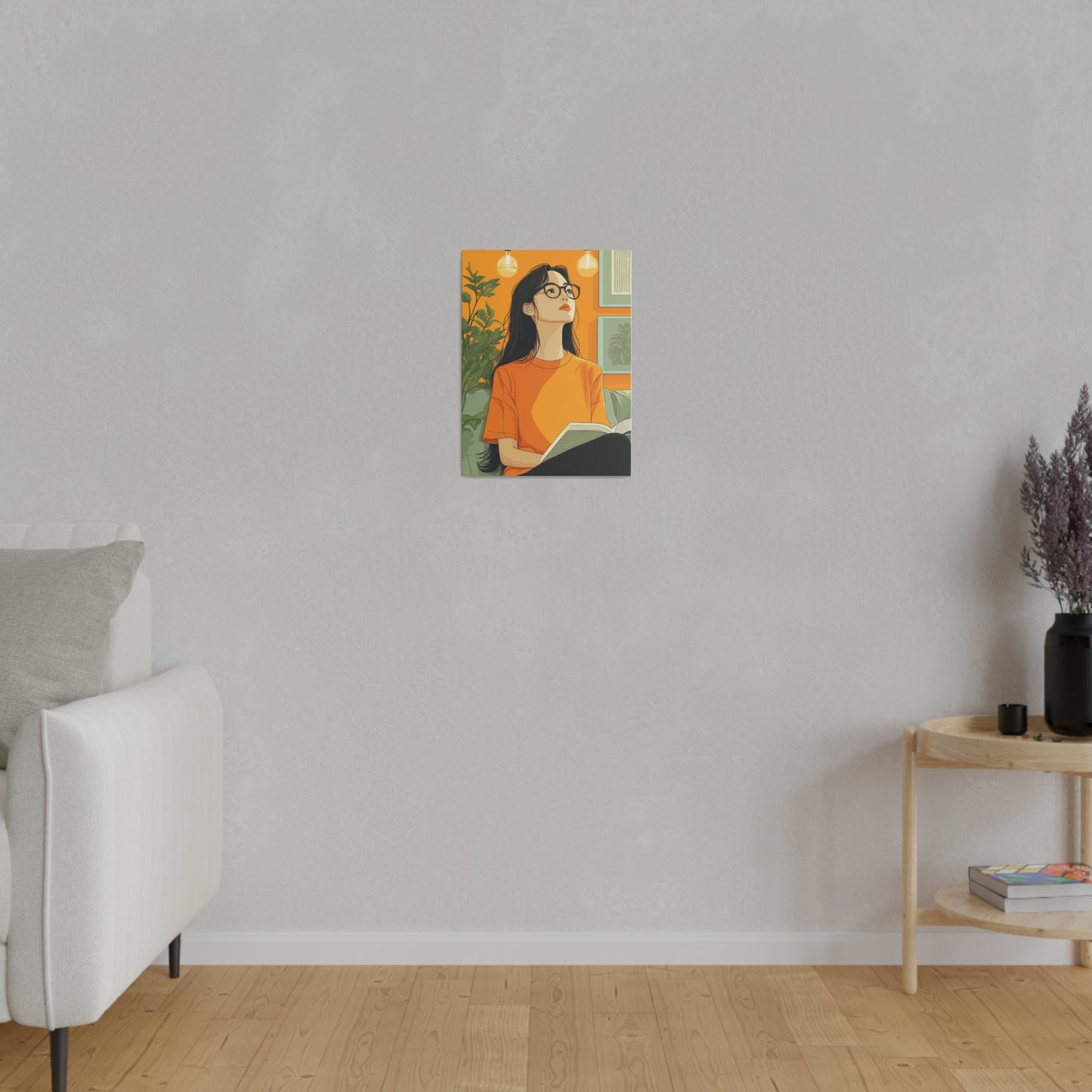 Contemplative Reader: Modern Minimalist Art of a Girl with a Book in Cozy Orange Ambiance Cozy Home Decor Wall Art