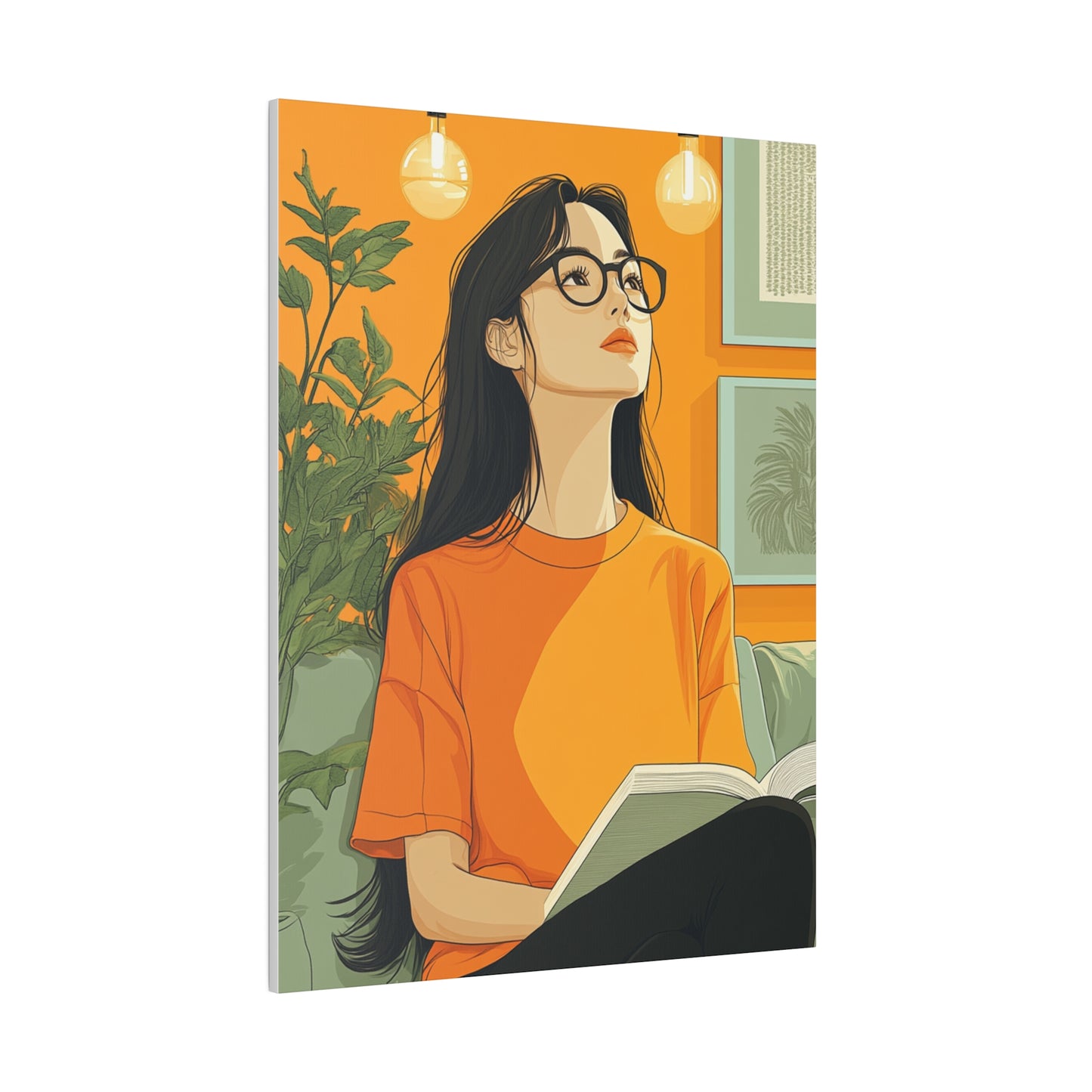 Contemplative Reader: Modern Minimalist Art of a Girl with a Book in Cozy Orange Ambiance Cozy Home Decor Wall Art