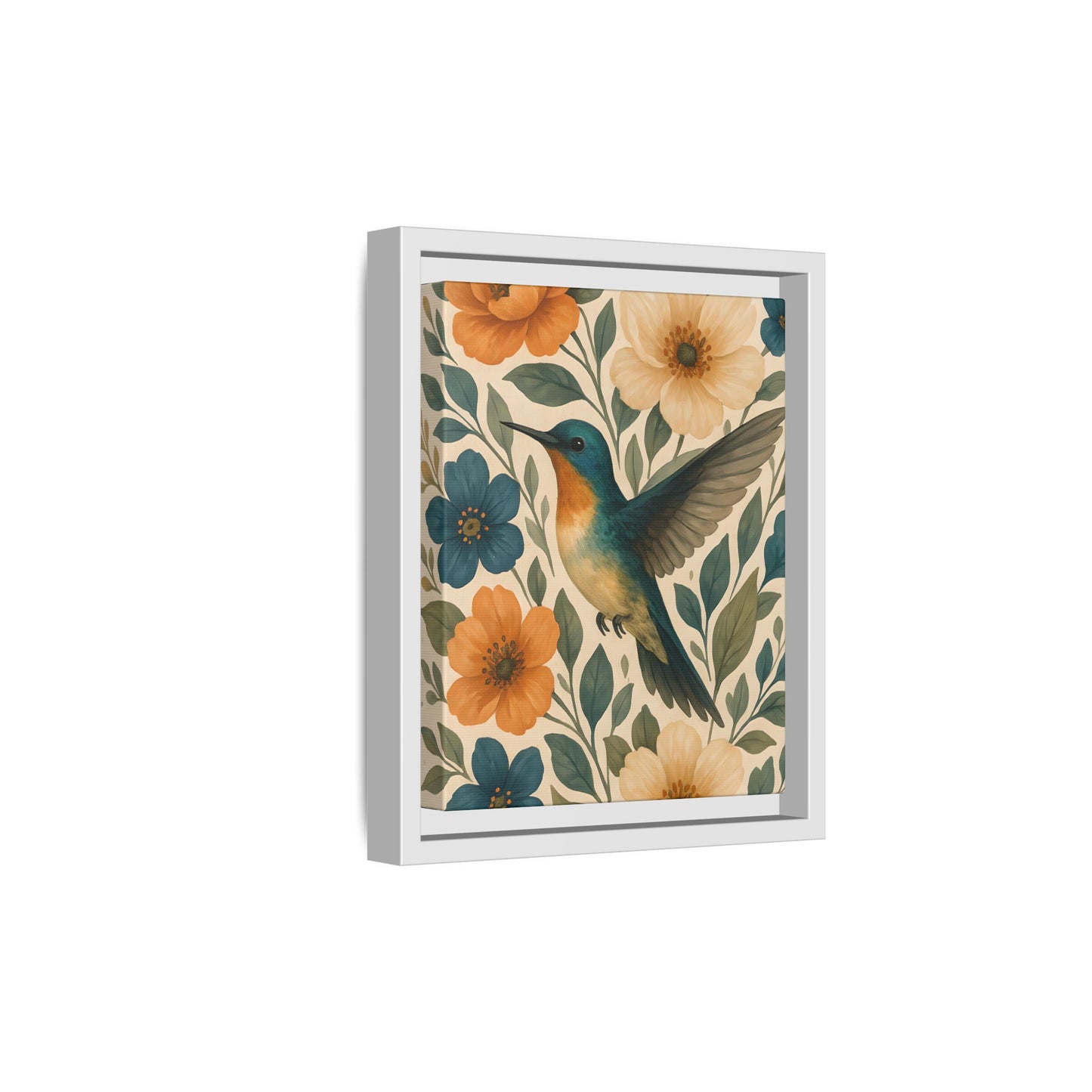 Hummingbird Botanical Wall Art – Vintage Floral Print in Teal & Terracotta