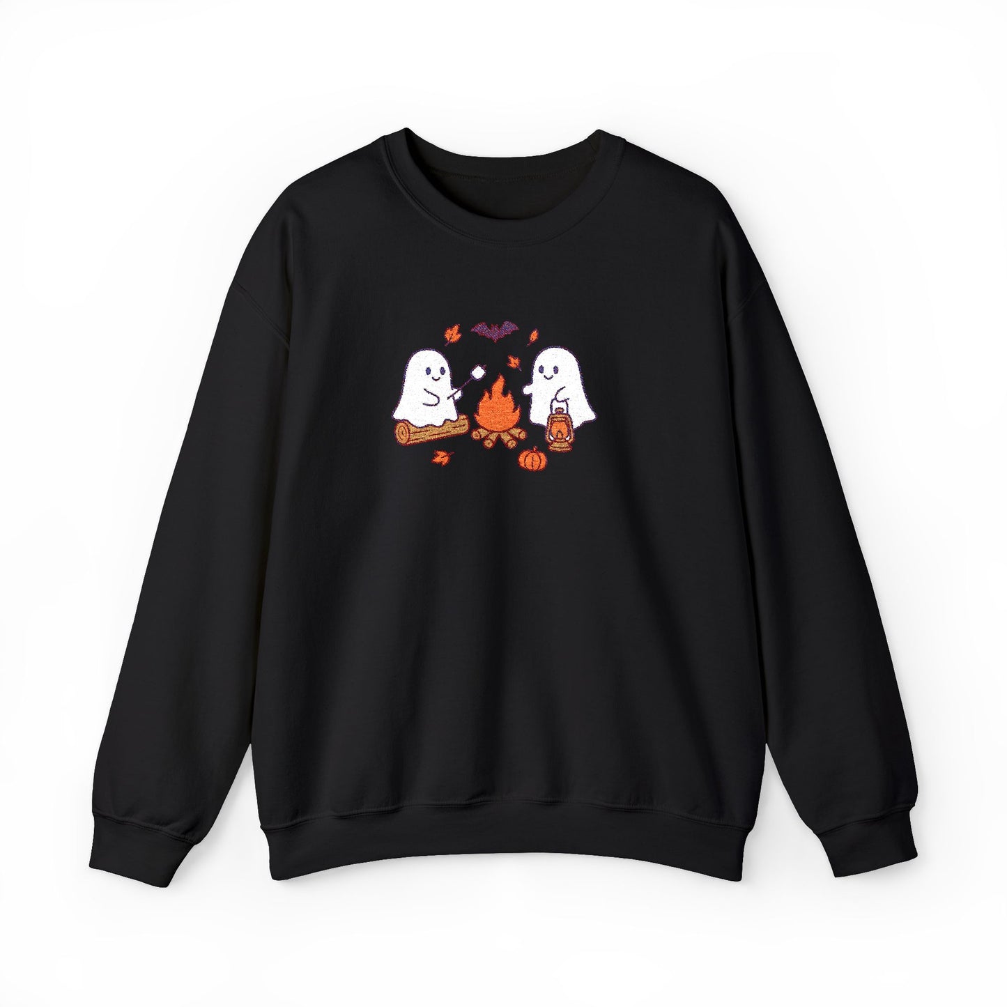 Cute Ghosts Campfire Embroidered Sweatshirt | Cozy Fall Halloween Crewneck | Spooky Season Autumn Pullover for Women & Men