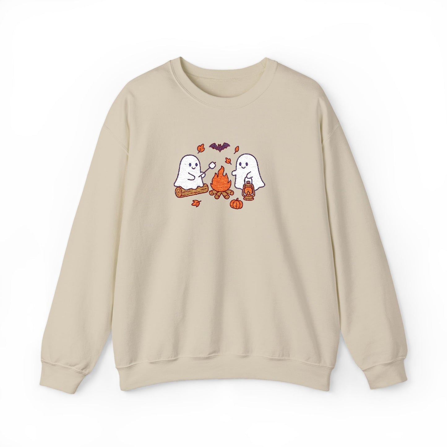 Cute Ghosts Campfire Embroidered Sweatshirt | Cozy Fall Halloween Crewneck | Spooky Season Autumn Pullover for Women & Men