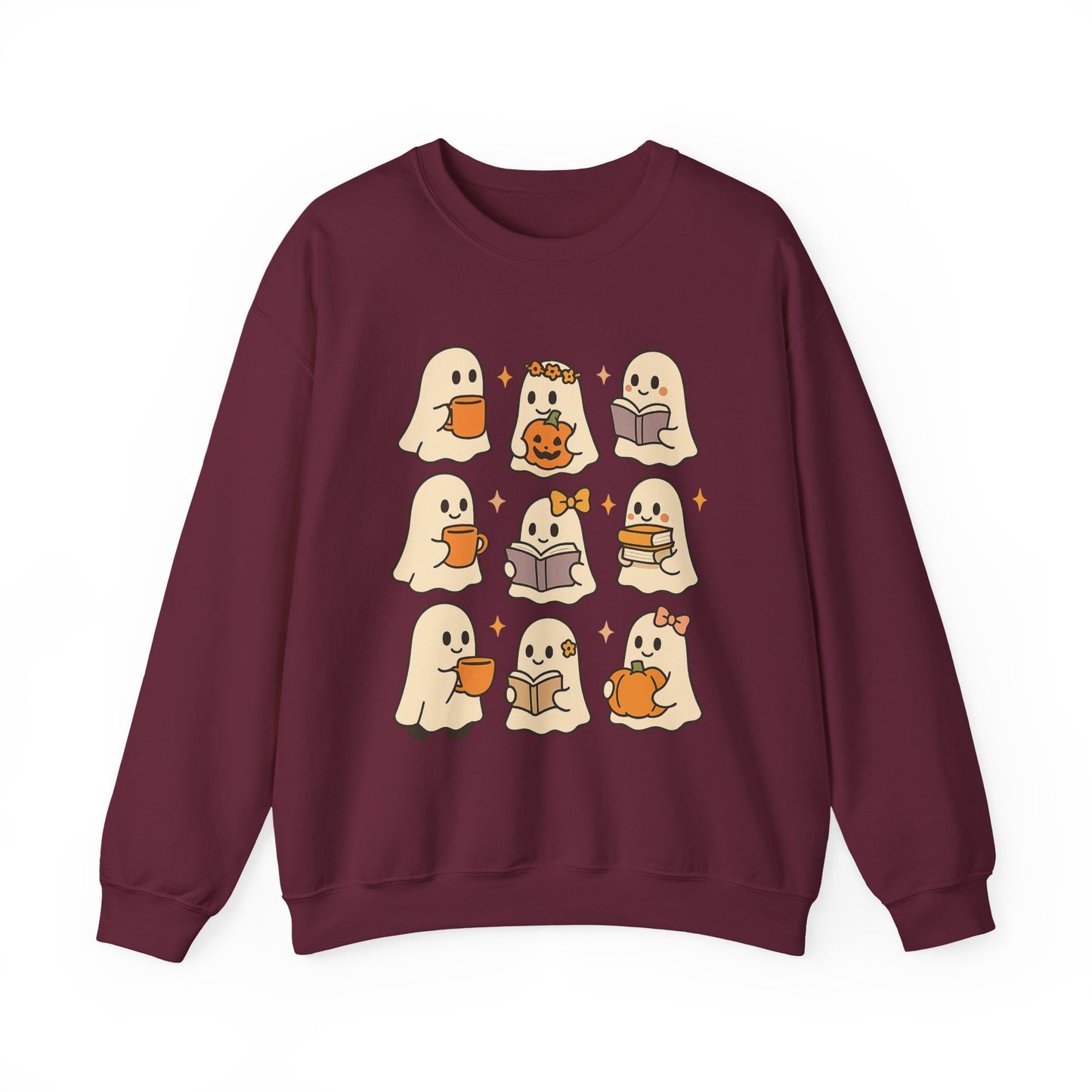 Cute Ghost Unisex Sweatshirt – Cozy Fall & Halloween Crewneck for Book Lovers, Coffee Drinkers & Pumpkin Season