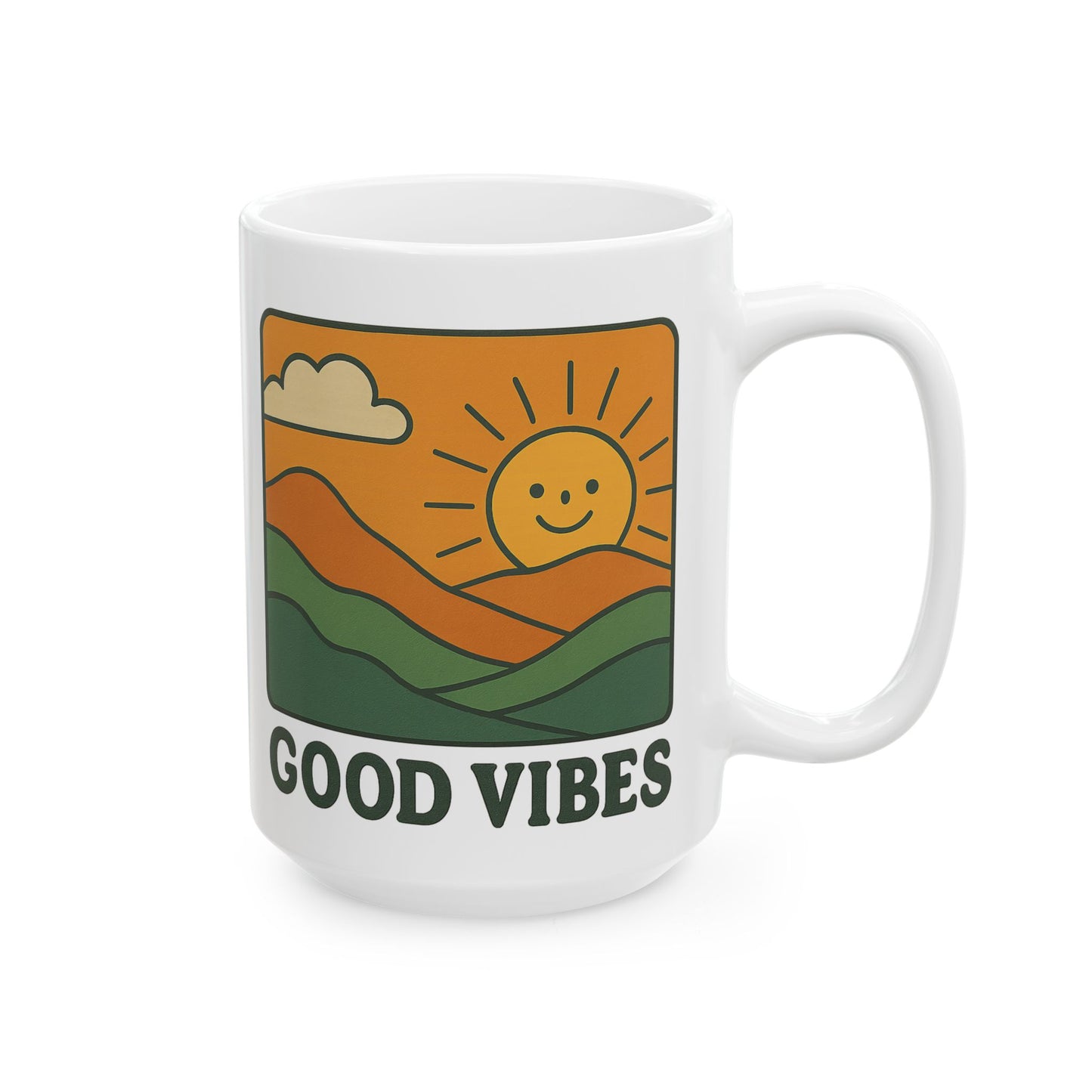 Good Vibes Coffee Mug – 11oz & 15oz Ceramic Cup with Retro Sunshine Design for Positive Morning Energy