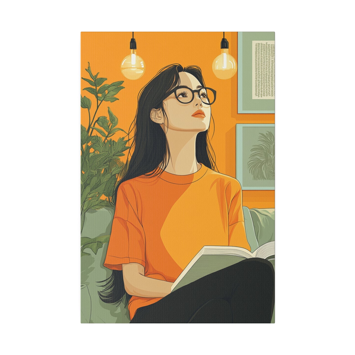 Contemplative Reader: Modern Minimalist Art of a Girl with a Book in Cozy Orange Ambiance Cozy Home Decor Wall Art