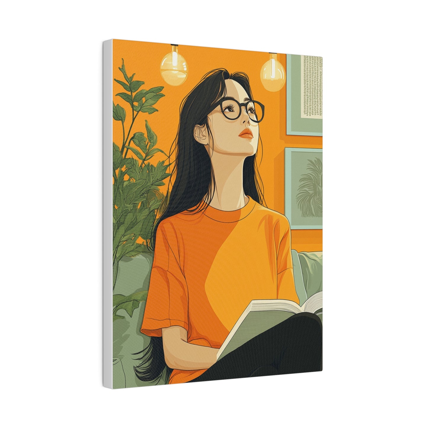 Contemplative Reader: Modern Minimalist Art of a Girl with a Book in Cozy Orange Ambiance Cozy Home Decor Wall Art