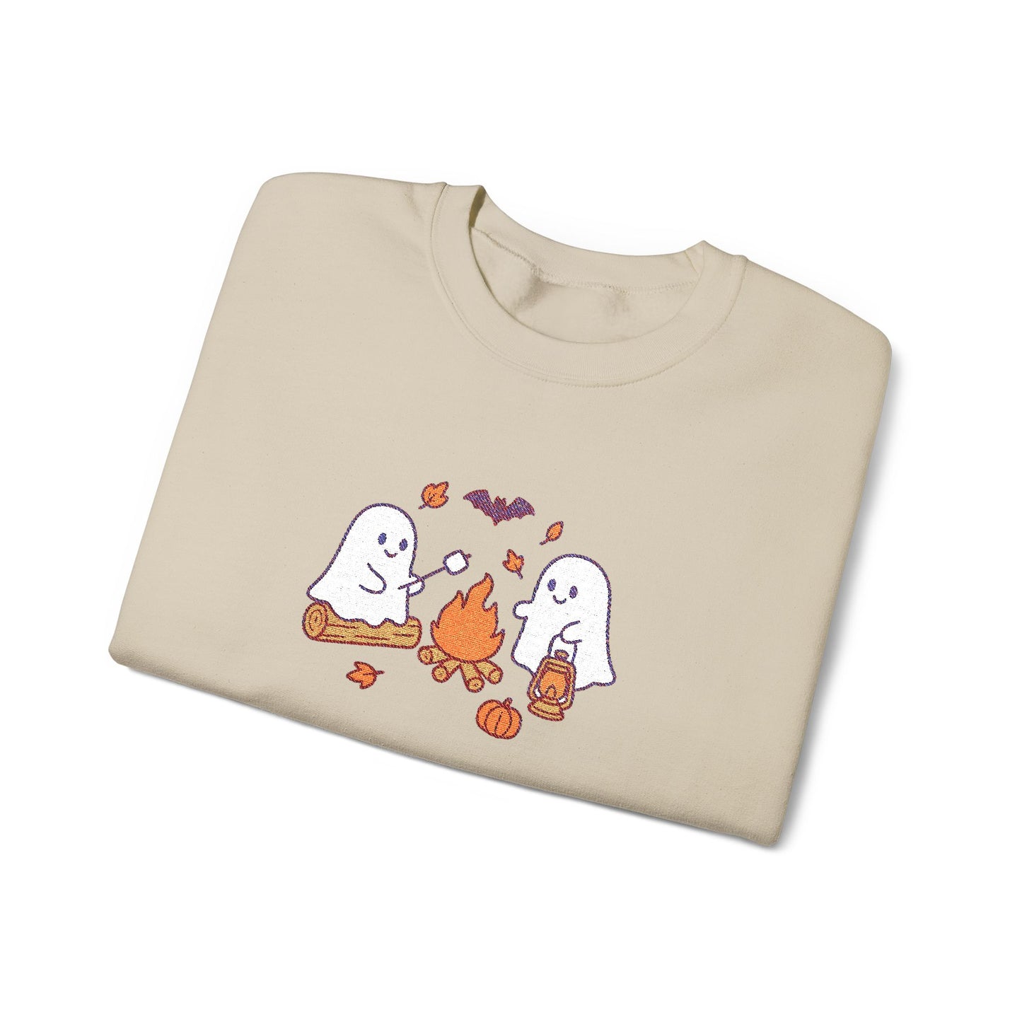 Cute Ghosts Campfire Embroidered Sweatshirt | Cozy Fall Halloween Crewneck | Spooky Season Autumn Pullover for Women & Men