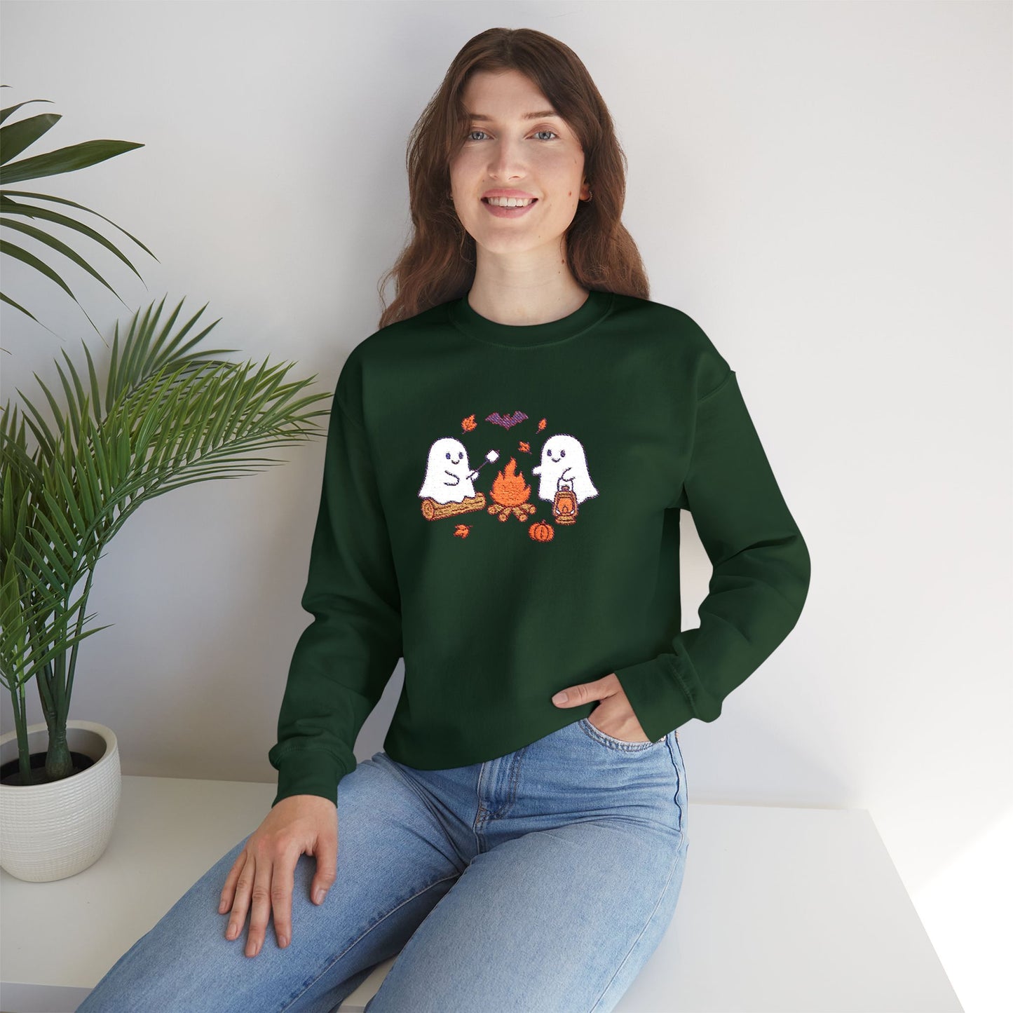 Cute Ghosts Campfire Embroidered Sweatshirt | Cozy Fall Halloween Crewneck | Spooky Season Autumn Pullover for Women & Men