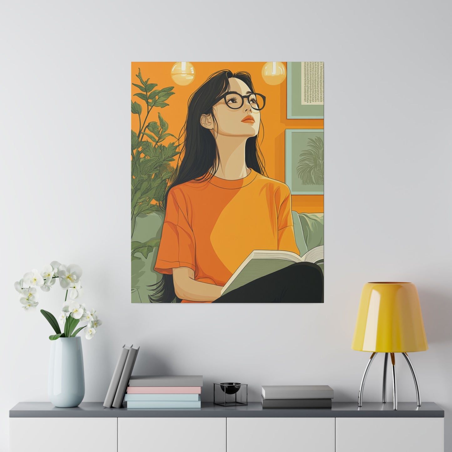 Contemplative Reader: Modern Minimalist Art of a Girl with a Book in Cozy Orange Ambiance Cozy Home Decor Wall Art