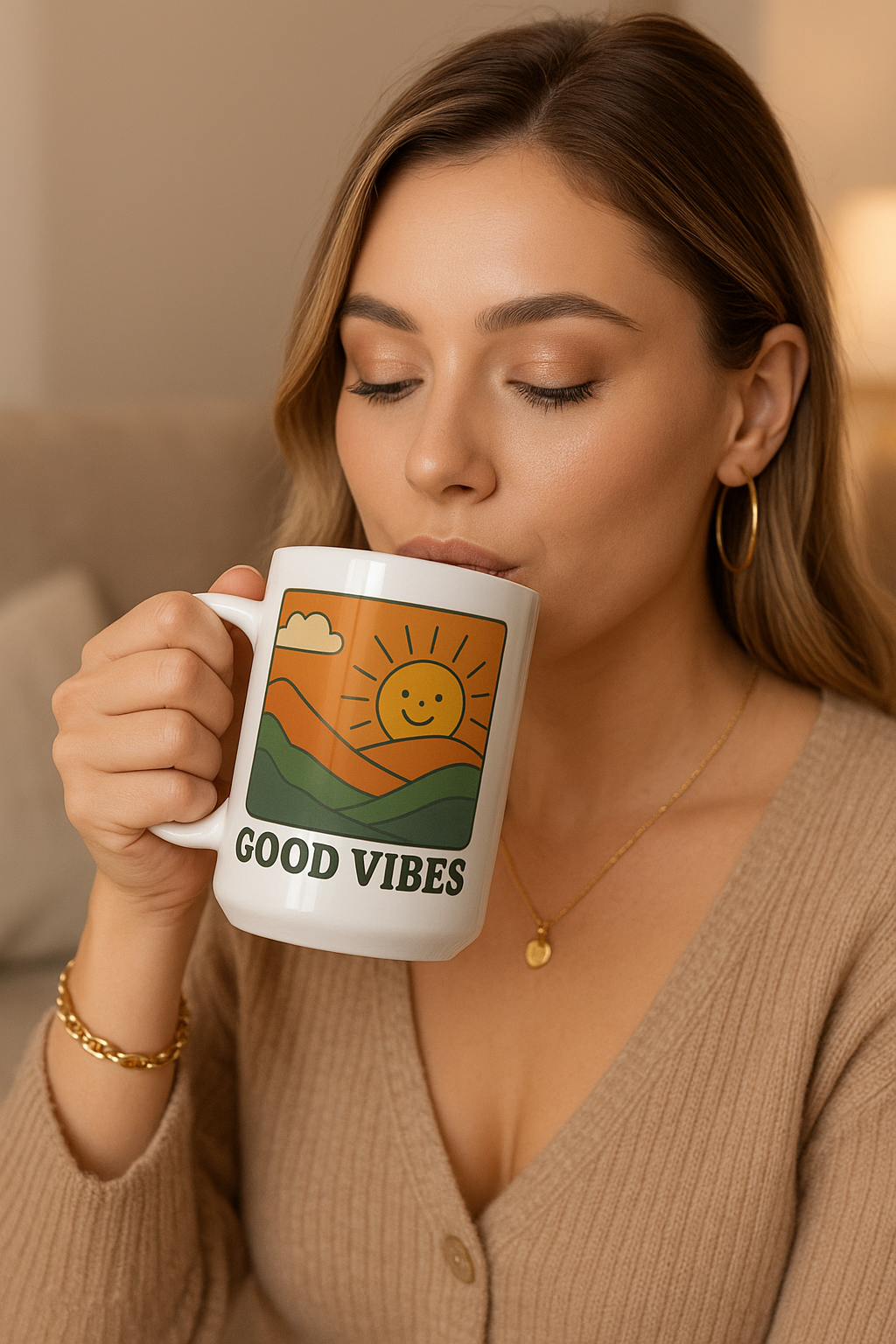 Good Vibes Coffee Mug – 11oz & 15oz Ceramic Cup with Retro Sunshine Design for Positive Morning Energy
