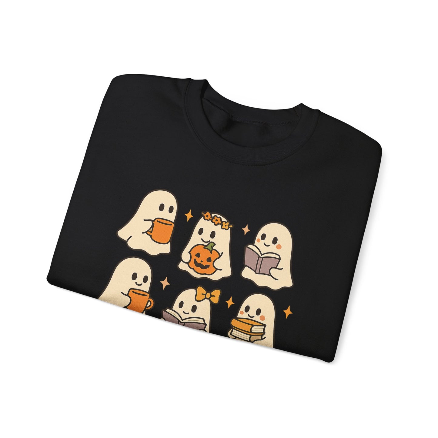 Cute Ghost Unisex Sweatshirt – Cozy Fall & Halloween Crewneck for Book Lovers, Coffee Drinkers & Pumpkin Season