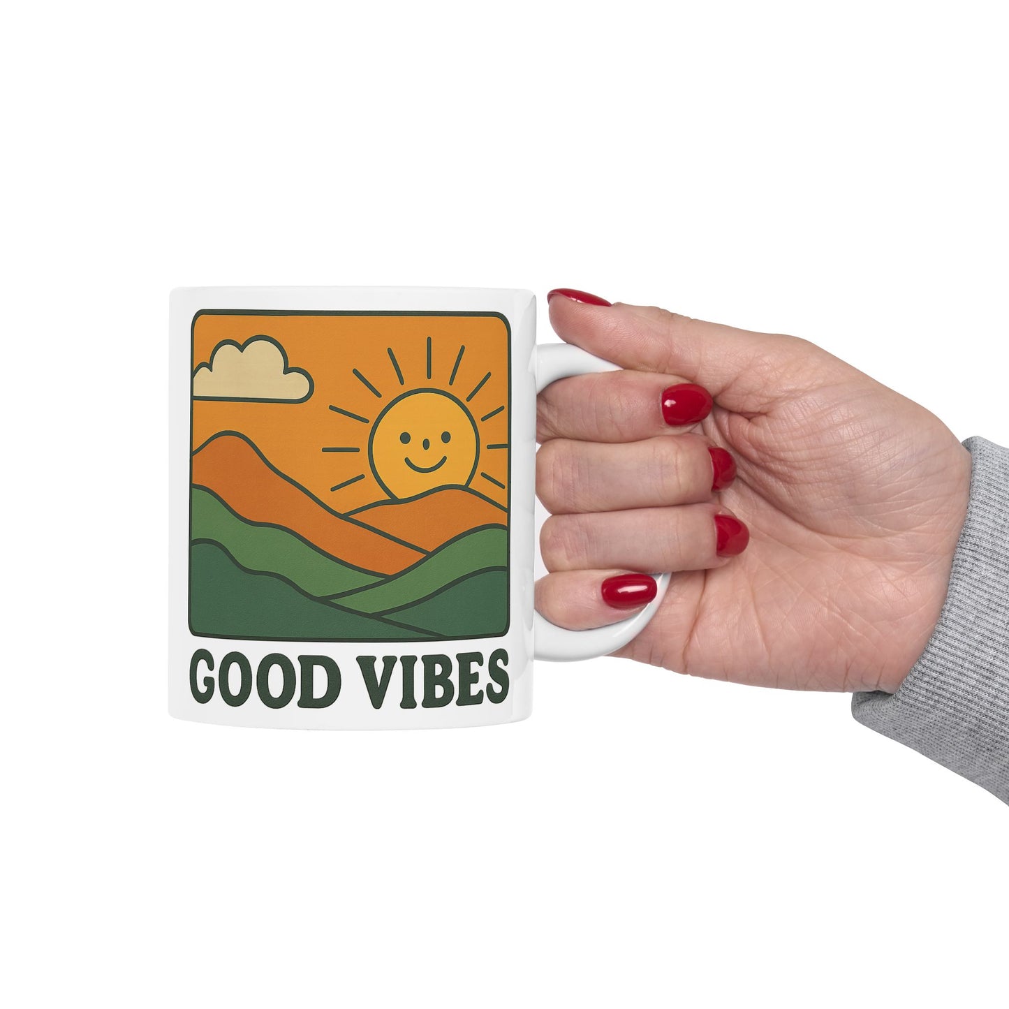 Good Vibes Coffee Mug – 11oz & 15oz Ceramic Cup with Retro Sunshine Design for Positive Morning Energy