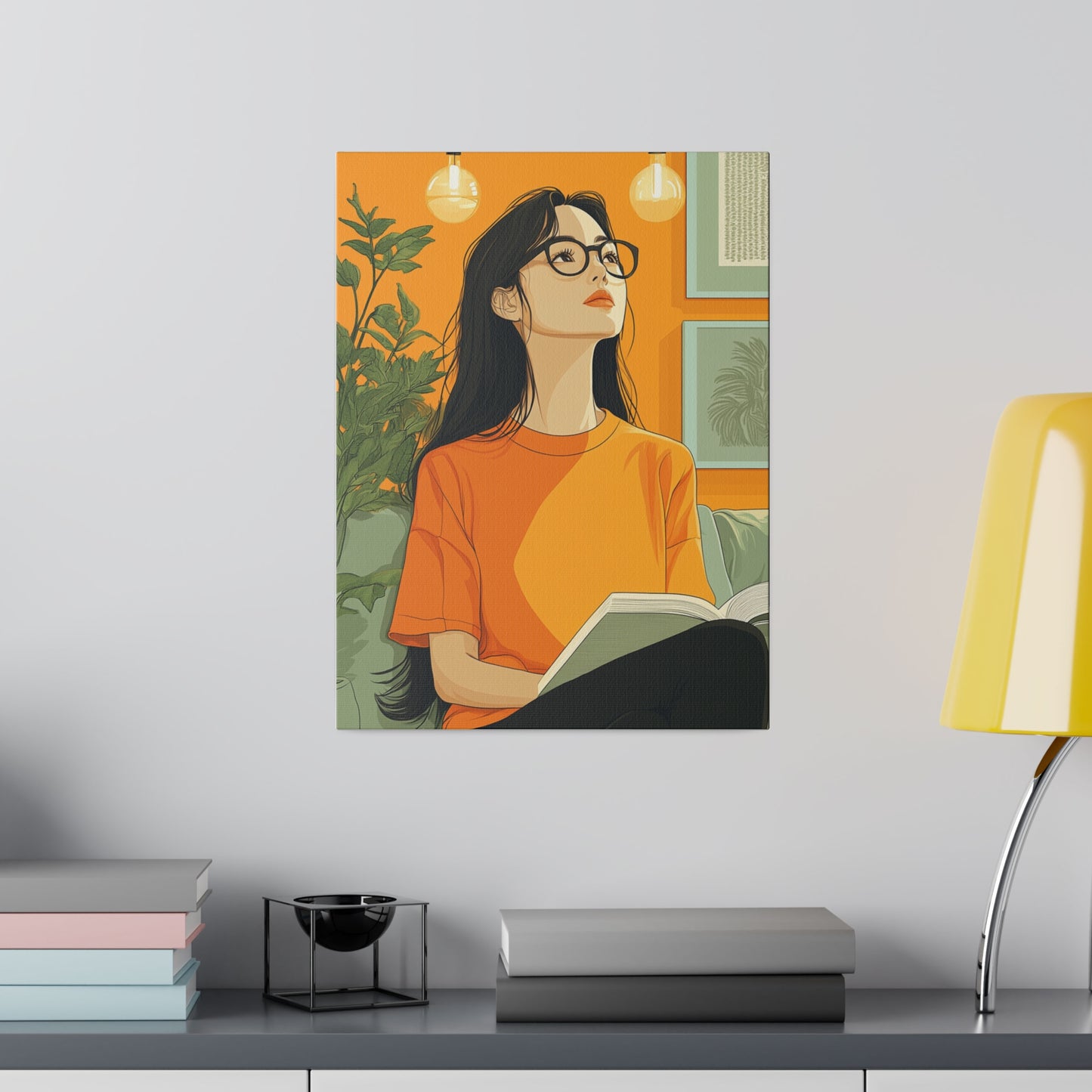 Contemplative Reader: Modern Minimalist Art of a Girl with a Book in Cozy Orange Ambiance Cozy Home Decor Wall Art