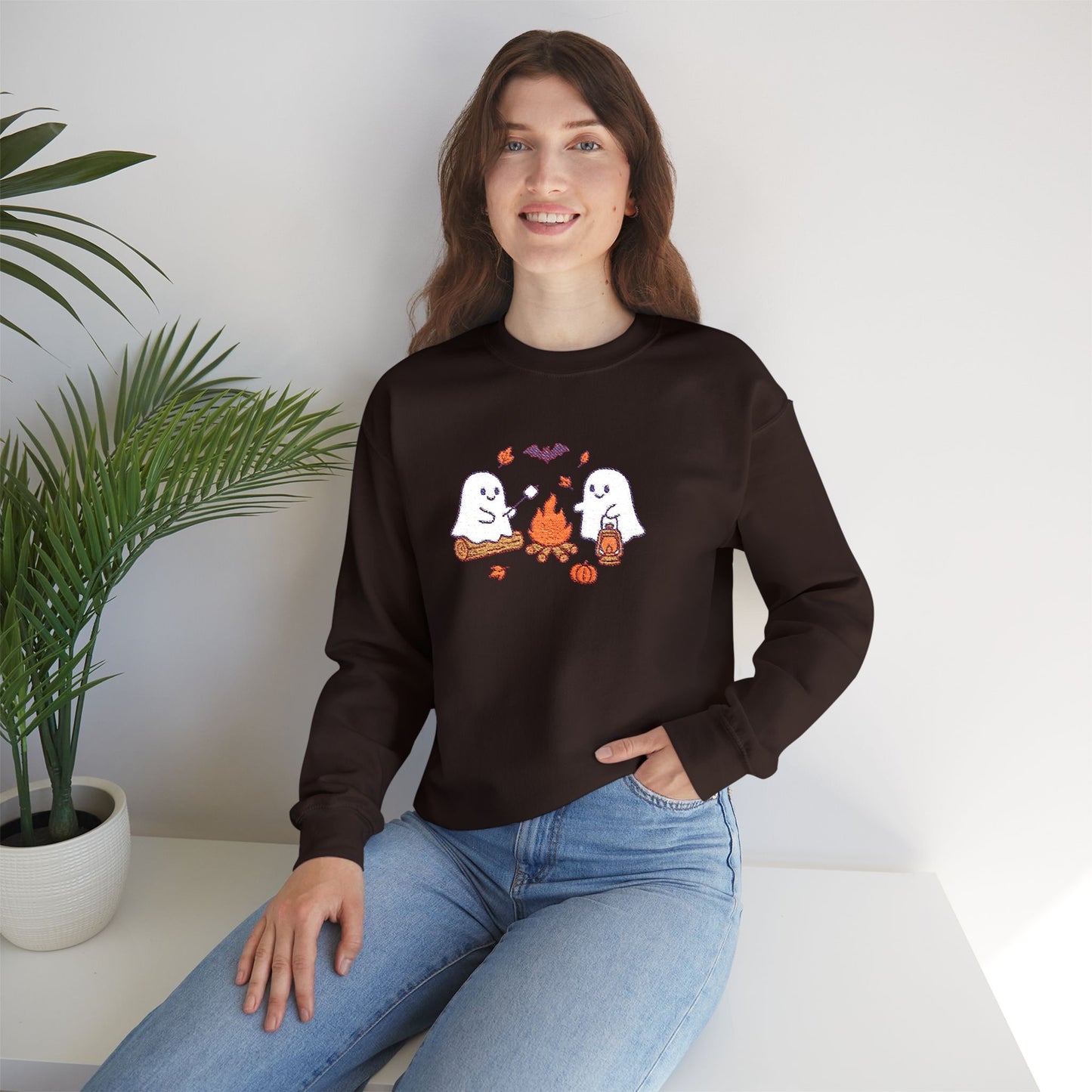 Cute Ghosts Campfire Embroidered Sweatshirt | Cozy Fall Halloween Crewneck | Spooky Season Autumn Pullover for Women & Men