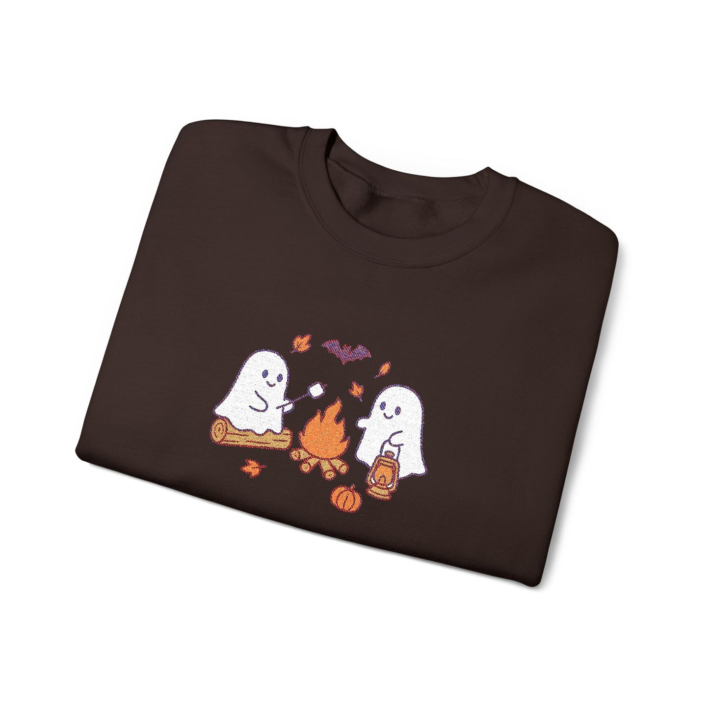Cute Ghosts Campfire Embroidered Sweatshirt | Cozy Fall Halloween Crewneck | Spooky Season Autumn Pullover for Women & Men