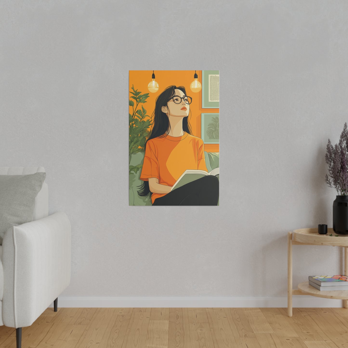 Contemplative Reader: Modern Minimalist Art of a Girl with a Book in Cozy Orange Ambiance Cozy Home Decor Wall Art