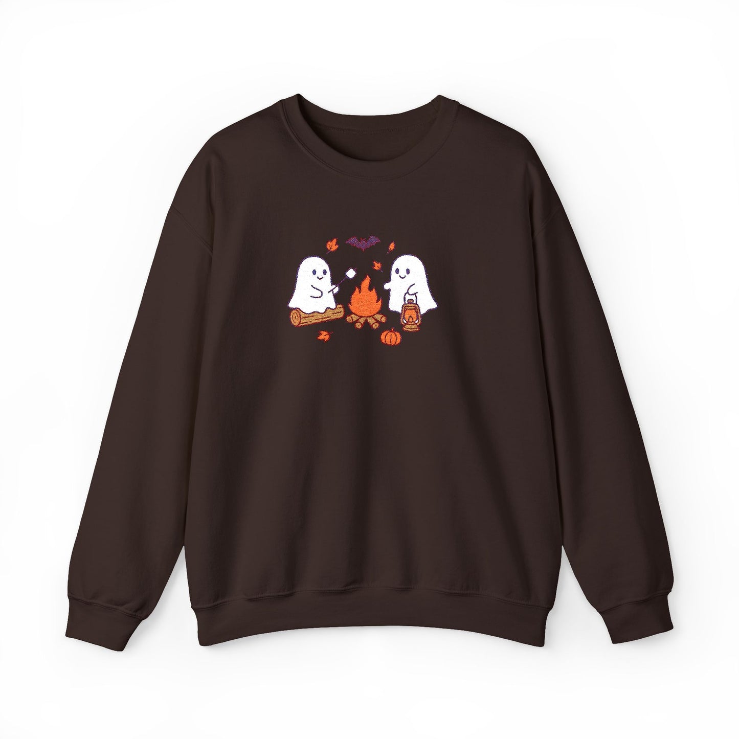 Cute Ghosts Campfire Embroidered Sweatshirt | Cozy Fall Halloween Crewneck | Spooky Season Autumn Pullover for Women & Men