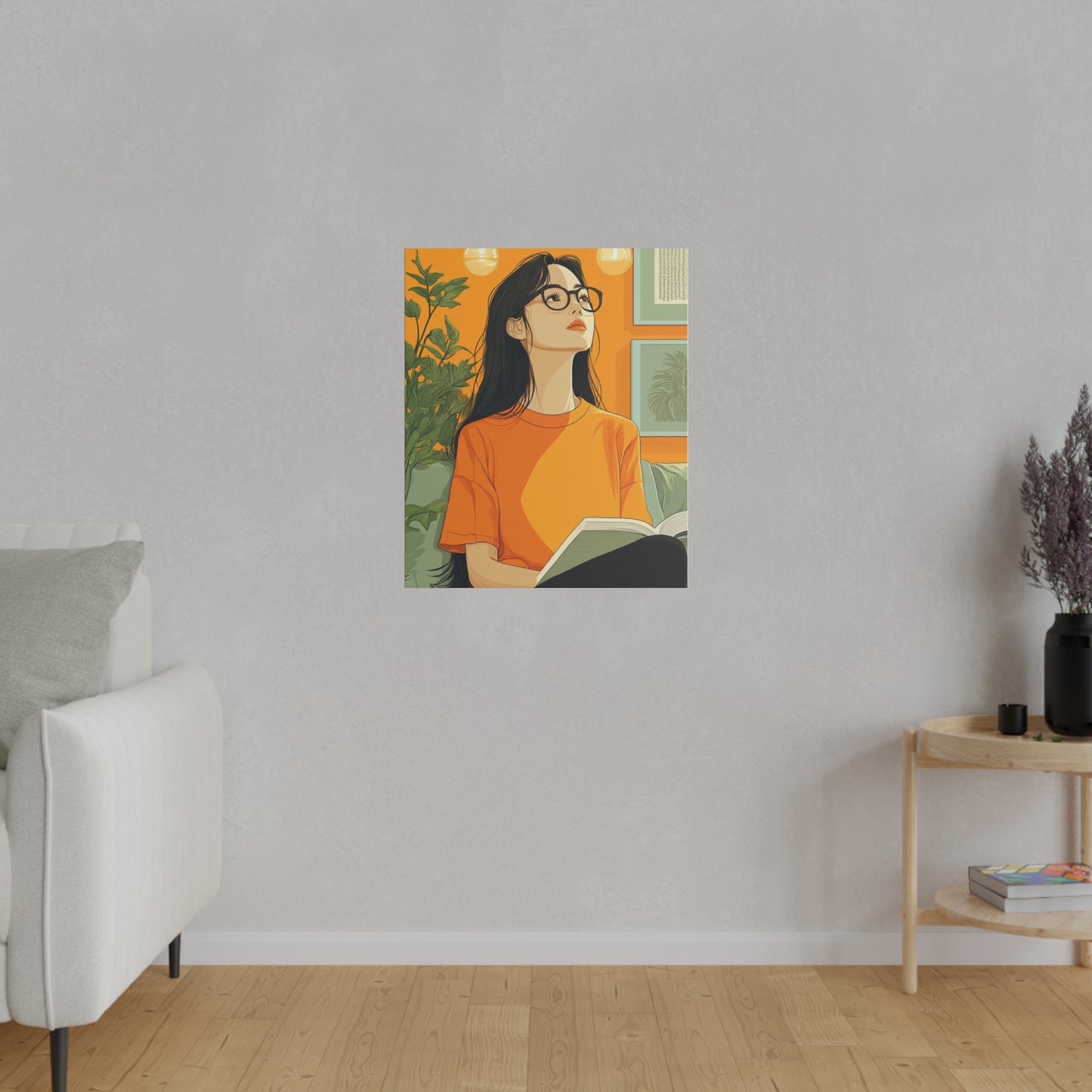 Contemplative Reader: Modern Minimalist Art of a Girl with a Book in Cozy Orange Ambiance Cozy Home Decor Wall Art