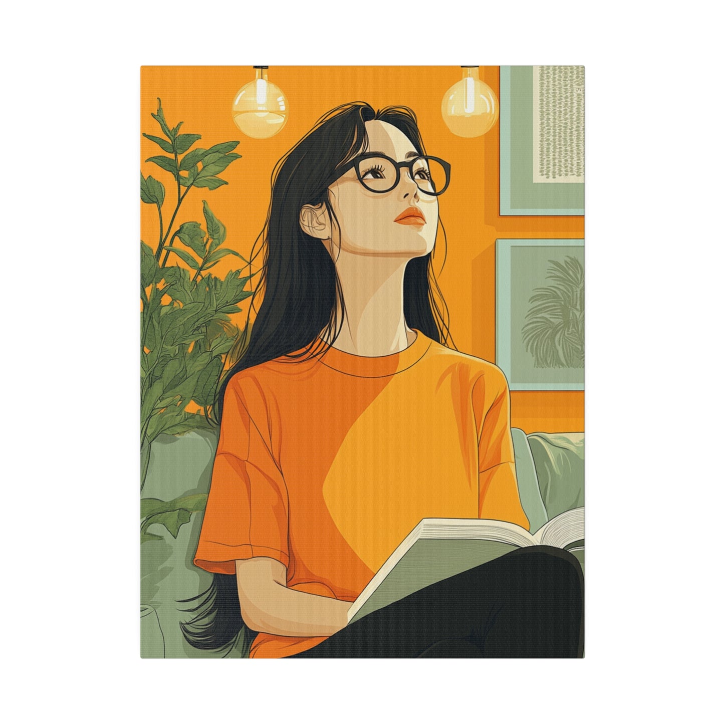 Contemplative Reader: Modern Minimalist Art of a Girl with a Book in Cozy Orange Ambiance Cozy Home Decor Wall Art