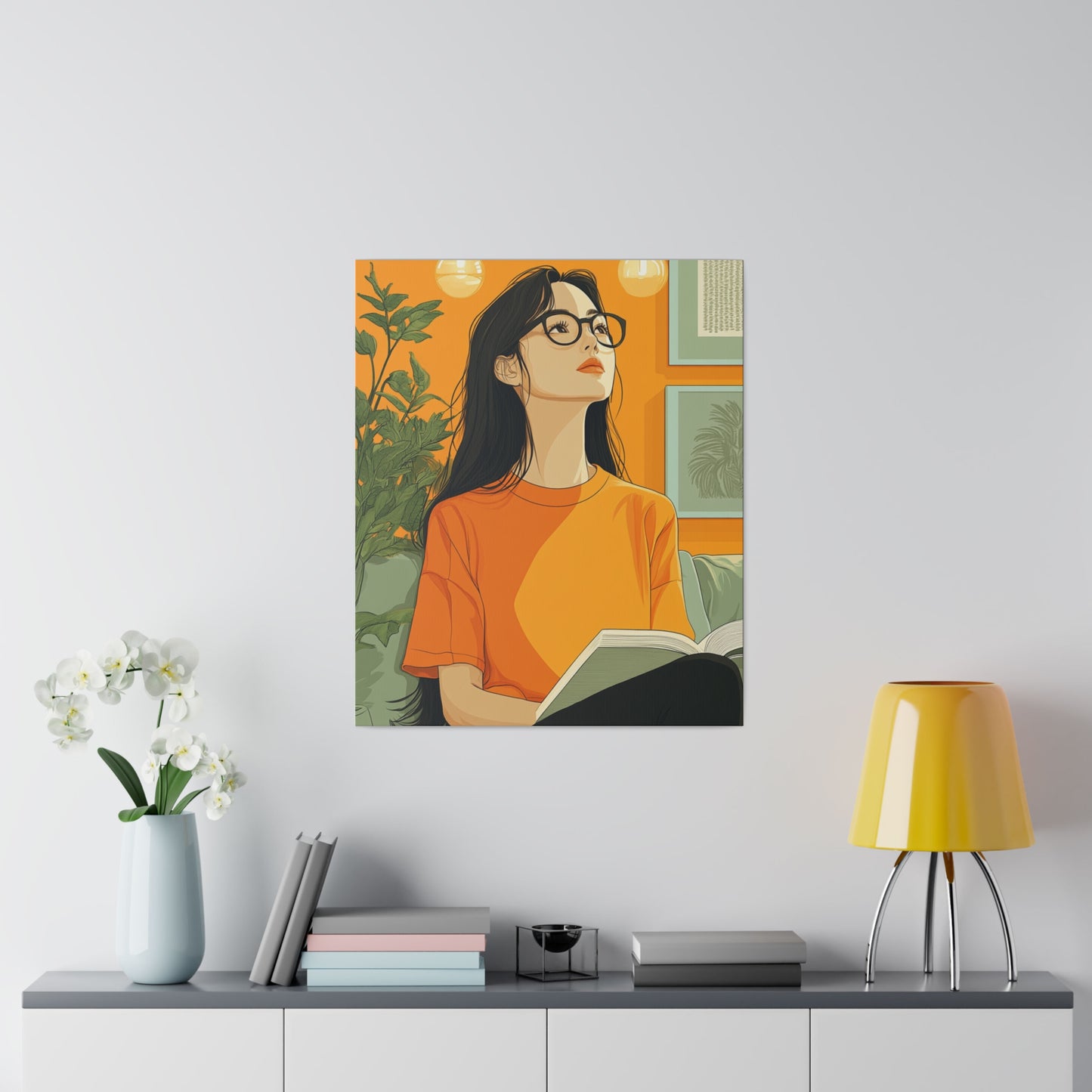 Contemplative Reader: Modern Minimalist Art of a Girl with a Book in Cozy Orange Ambiance Cozy Home Decor Wall Art