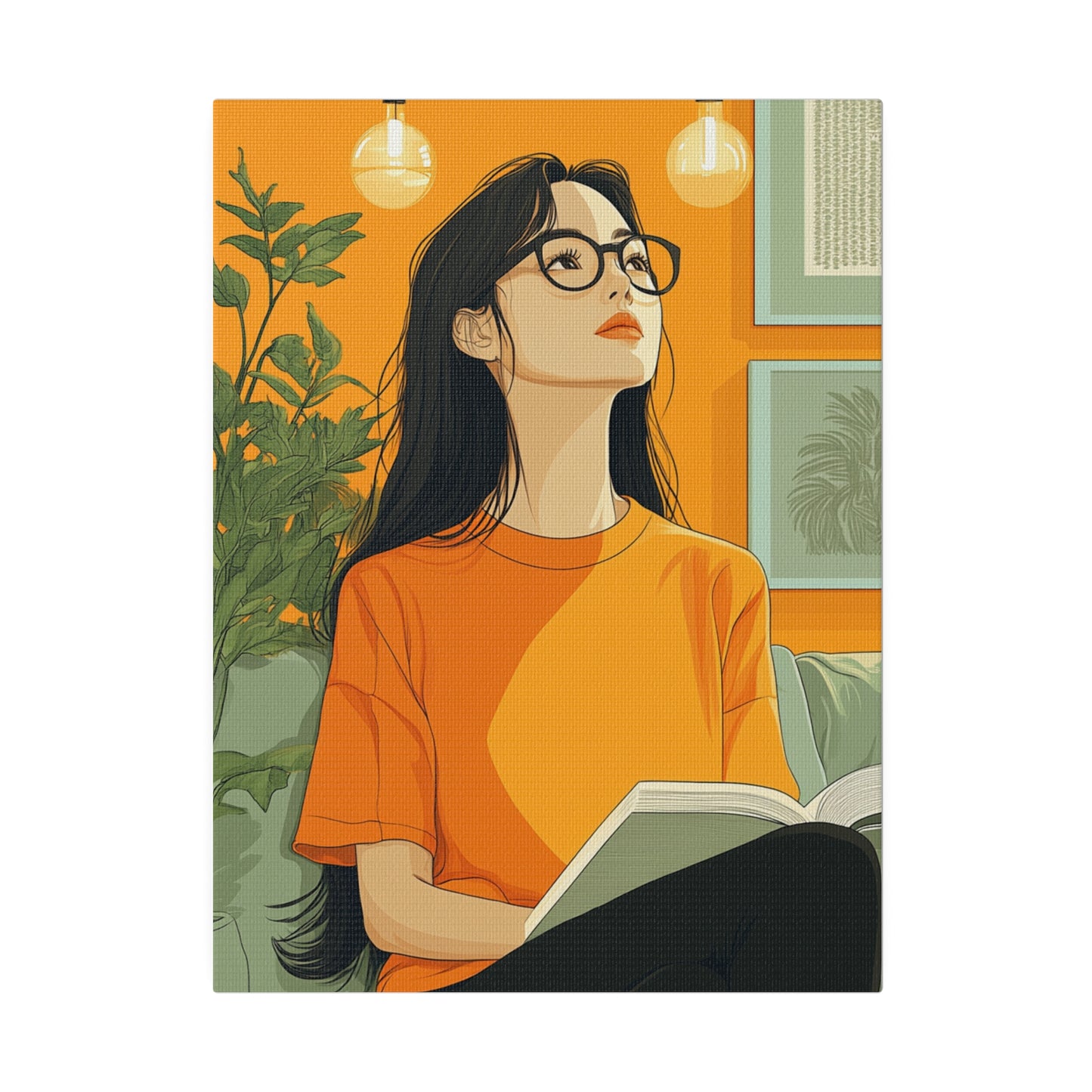 Contemplative Reader: Modern Minimalist Art of a Girl with a Book in Cozy Orange Ambiance Cozy Home Decor Wall Art