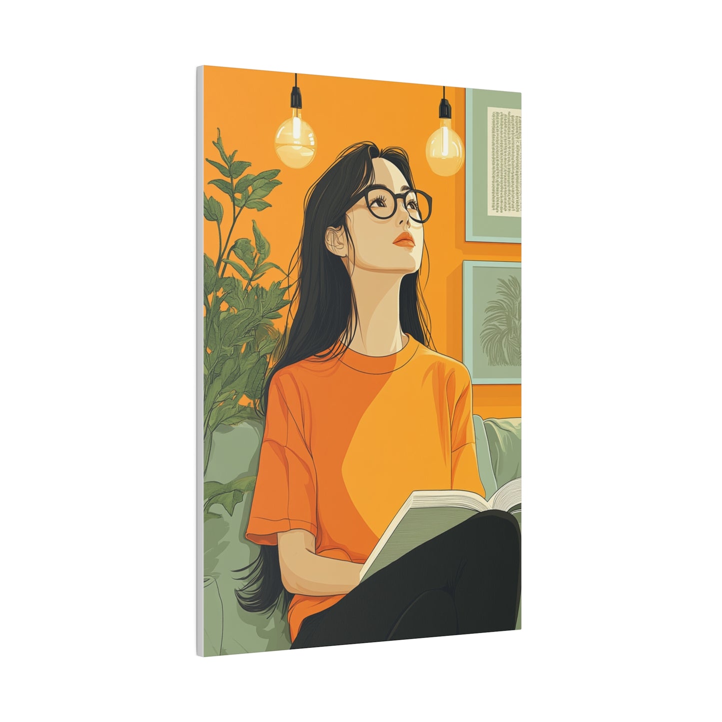Contemplative Reader: Modern Minimalist Art of a Girl with a Book in Cozy Orange Ambiance Cozy Home Decor Wall Art