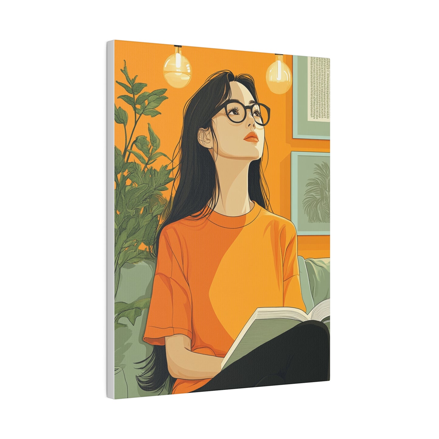 Contemplative Reader: Modern Minimalist Art of a Girl with a Book in Cozy Orange Ambiance Cozy Home Decor Wall Art
