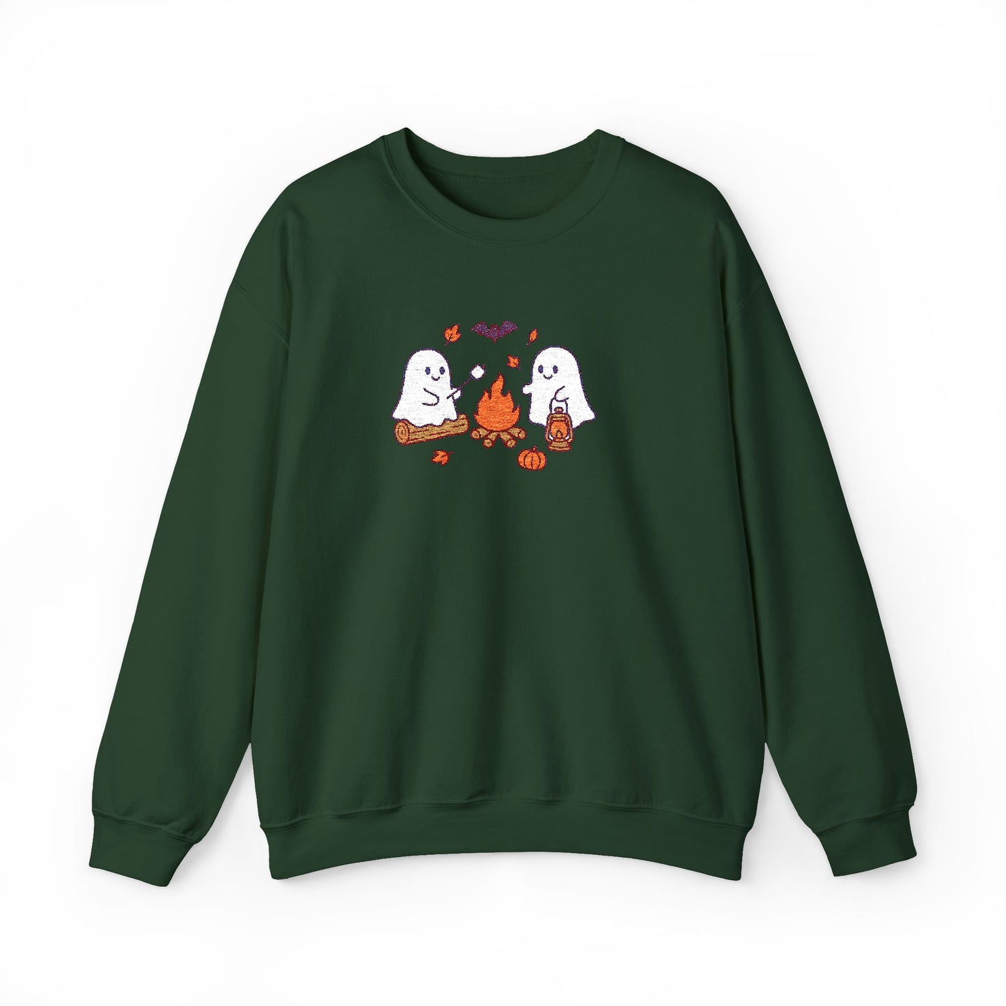 Cute Ghosts Campfire Embroidered Sweatshirt | Cozy Fall Halloween Crewneck | Spooky Season Autumn Pullover for Women & Men