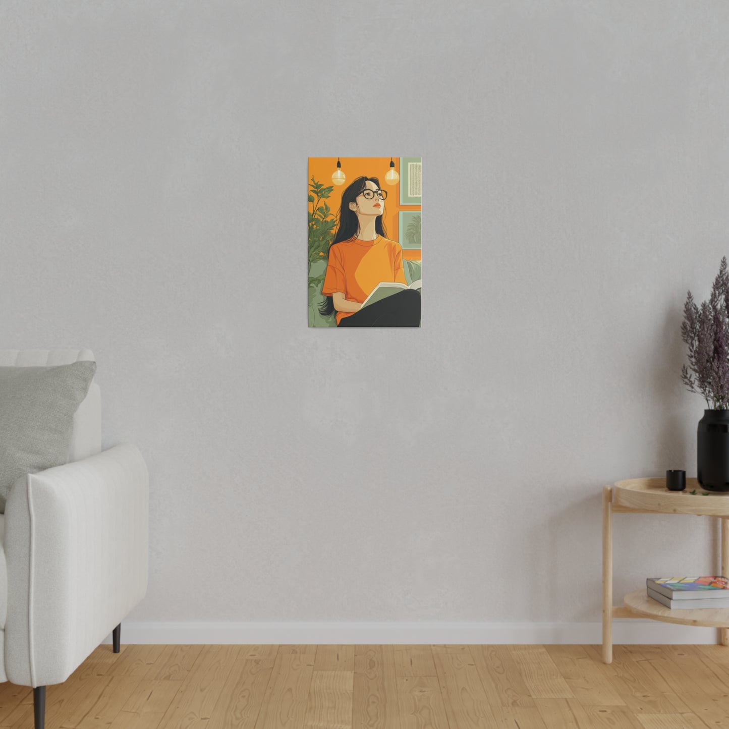 Contemplative Reader: Modern Minimalist Art of a Girl with a Book in Cozy Orange Ambiance Cozy Home Decor Wall Art