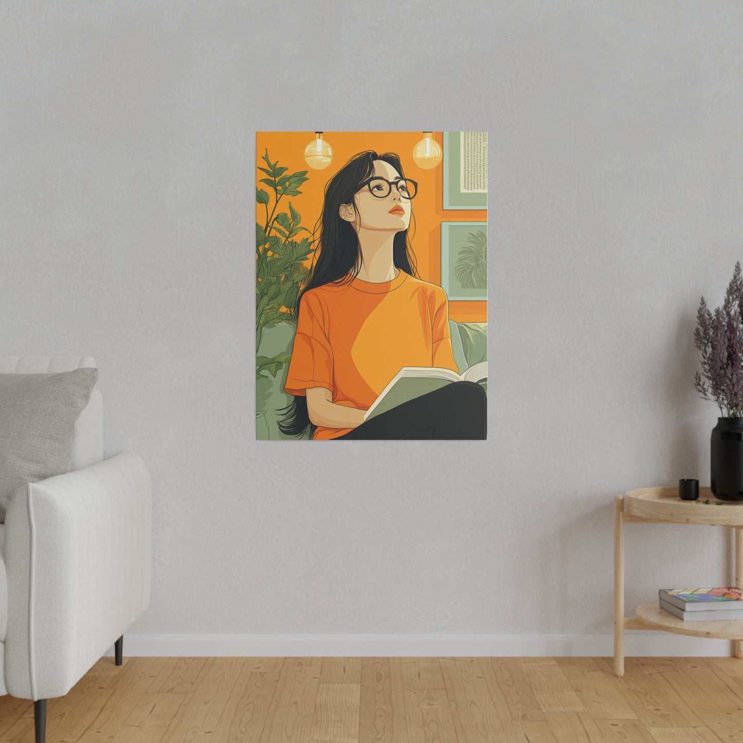 Contemplative Reader: Modern Minimalist Art of a Girl with a Book in Cozy Orange Ambiance Cozy Home Decor Wall Art