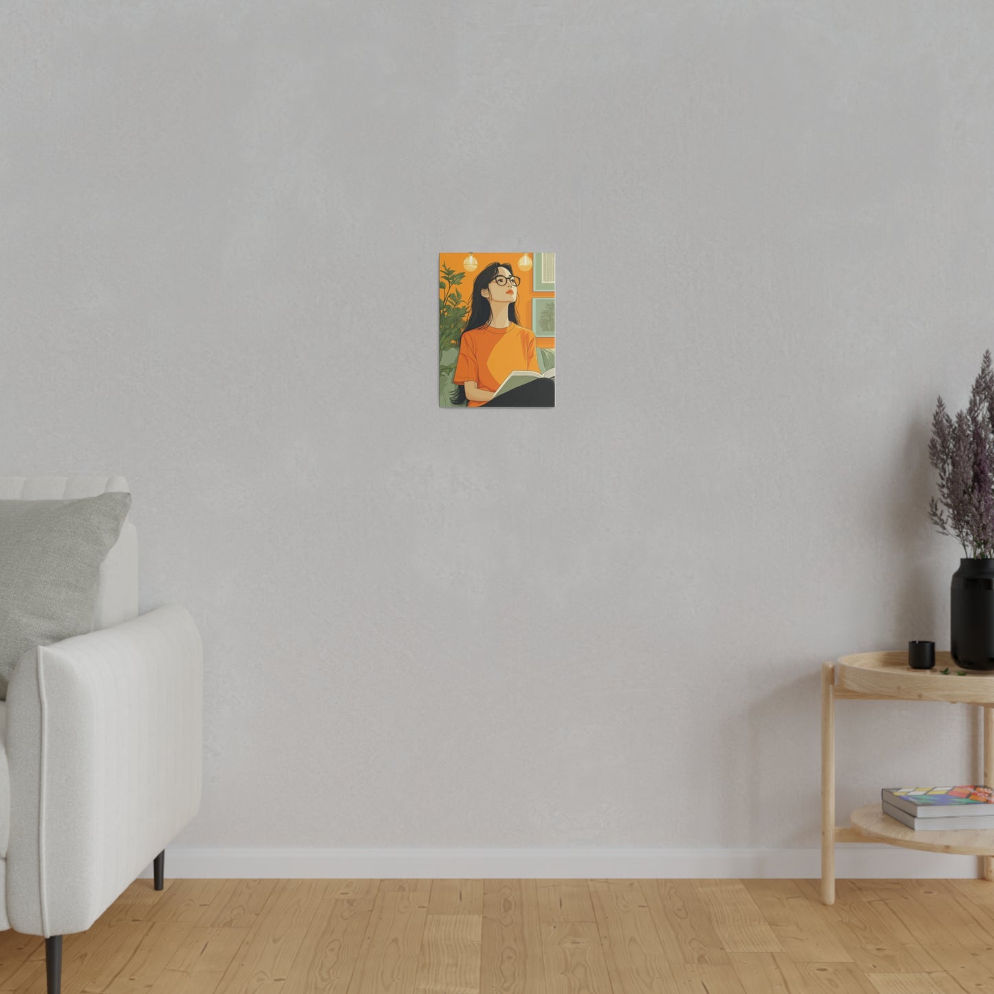 Contemplative Reader: Modern Minimalist Art of a Girl with a Book in Cozy Orange Ambiance Cozy Home Decor Wall Art