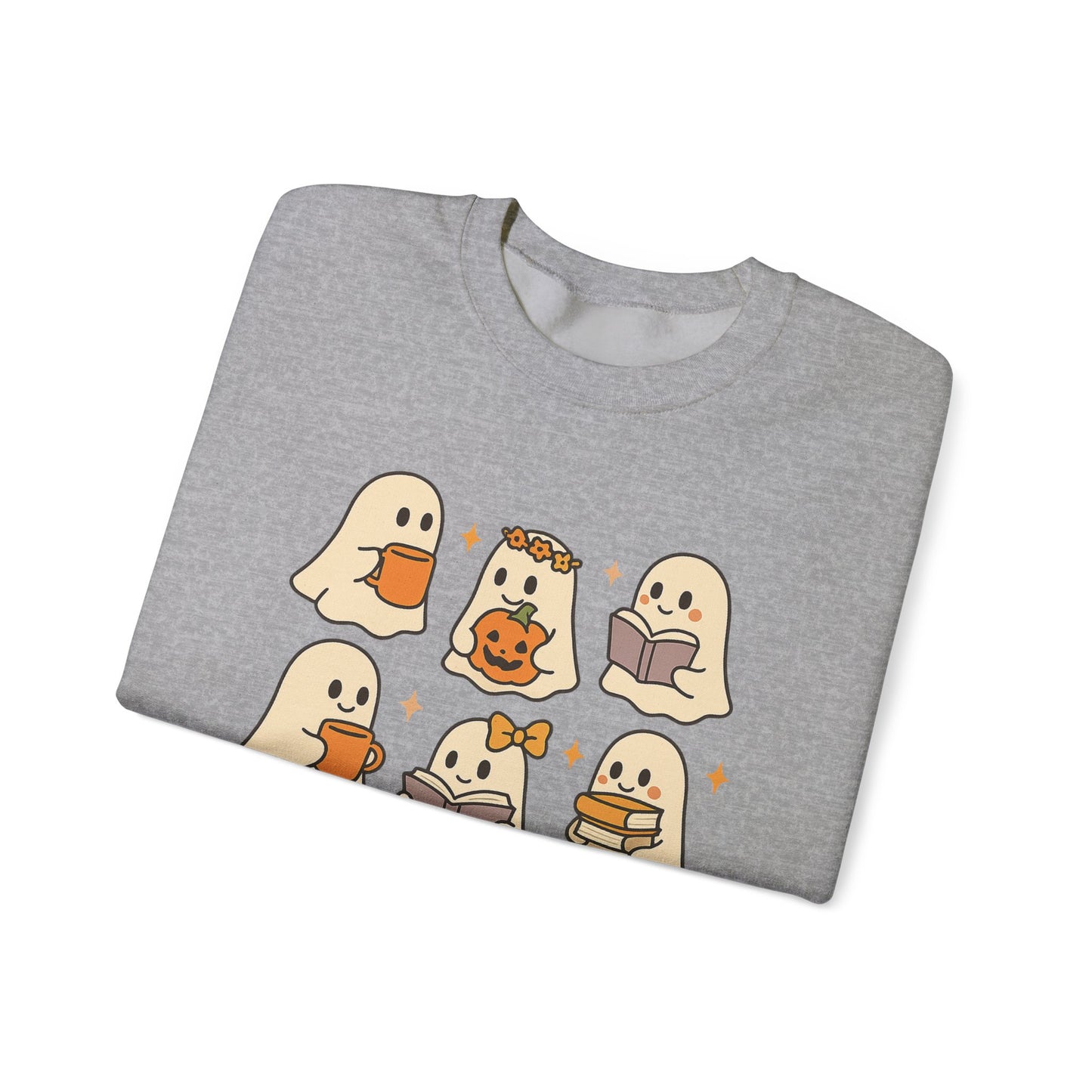 Cute Ghost Unisex Sweatshirt – Cozy Fall & Halloween Crewneck for Book Lovers, Coffee Drinkers & Pumpkin Season