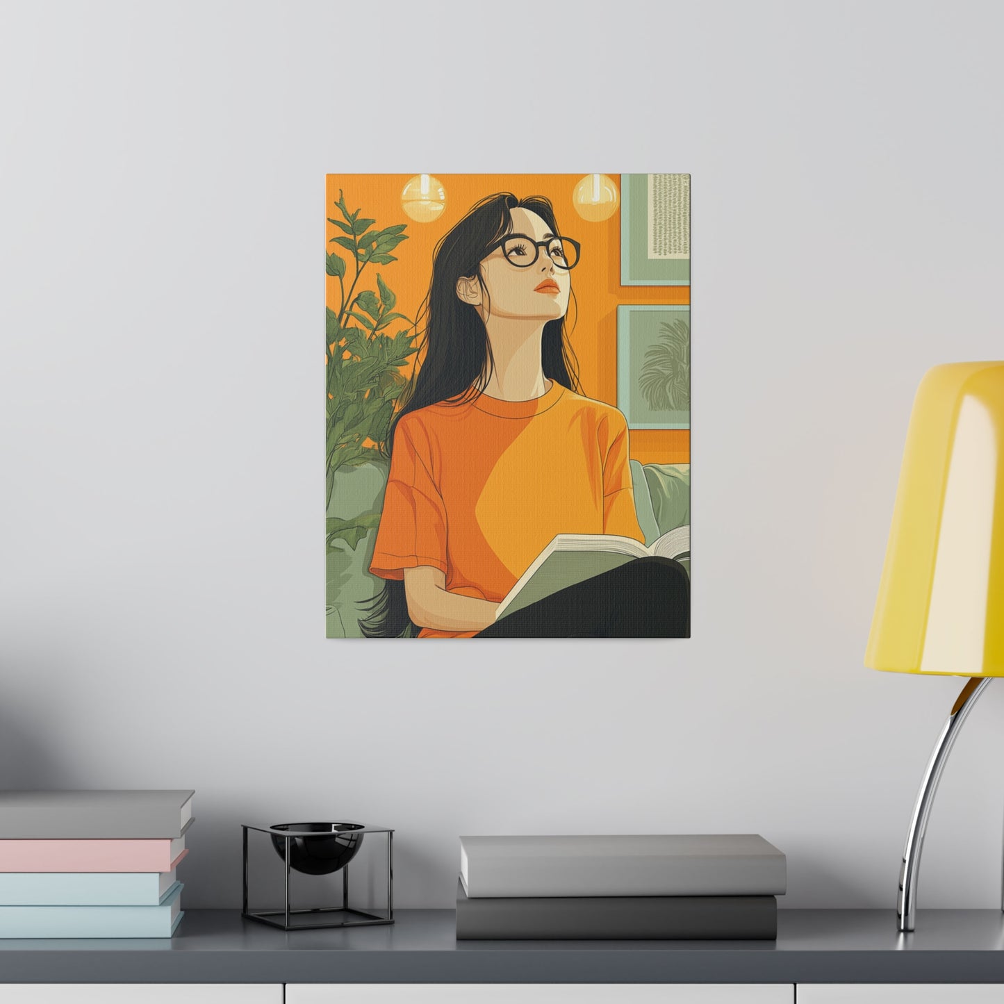 Contemplative Reader: Modern Minimalist Art of a Girl with a Book in Cozy Orange Ambiance Cozy Home Decor Wall Art